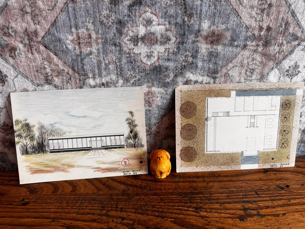 1950s Mid Century Modern Architectural Drawings – House Elevation & Site Plan – Original Student Art