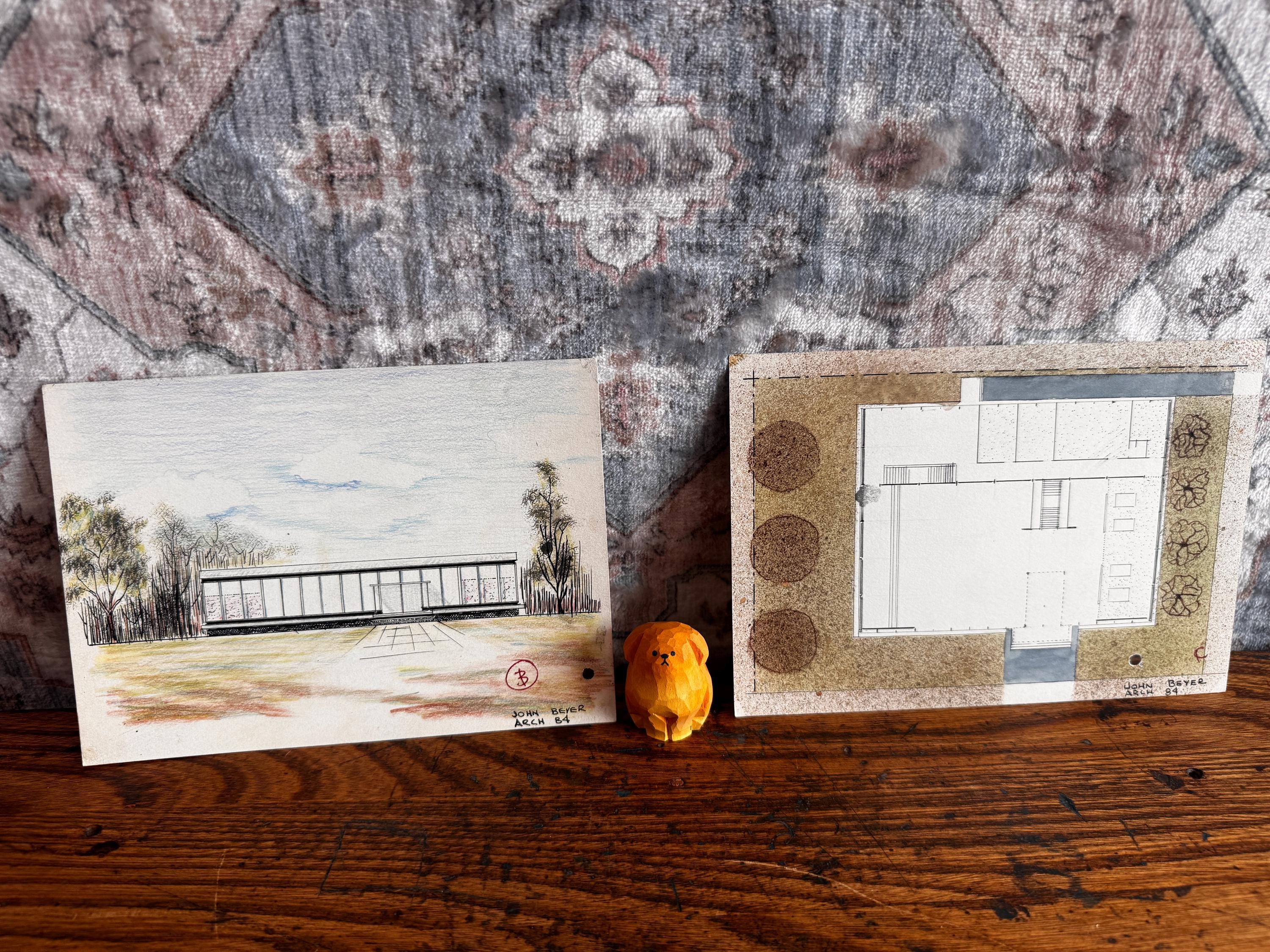 1950s Mid Century Modern Architectural Drawings – House Elevation & Site Plan – Original Student Art