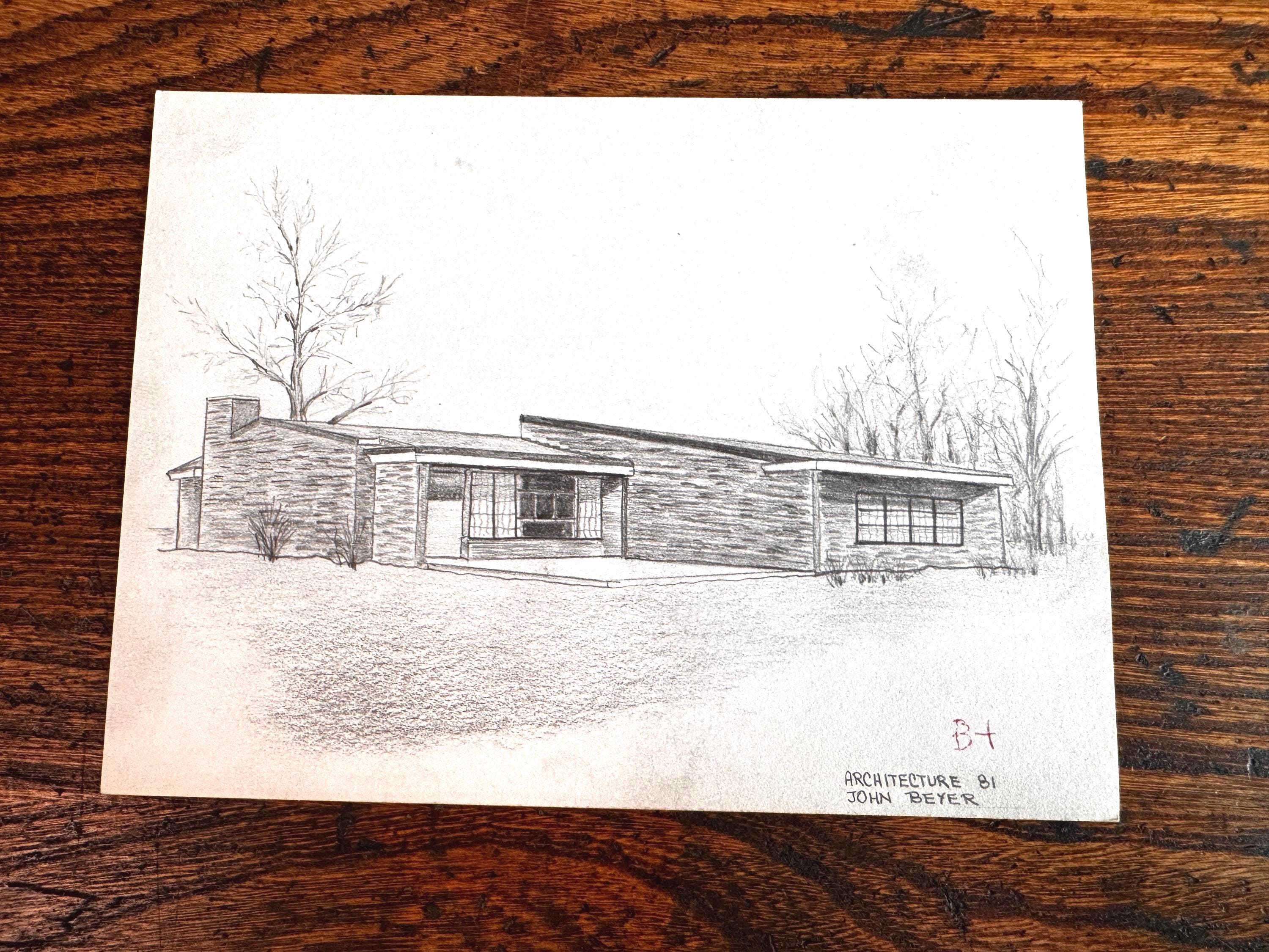 Vintage 1950s Architectural Drawings Set of 4 – Mid Century Architecture Student Art