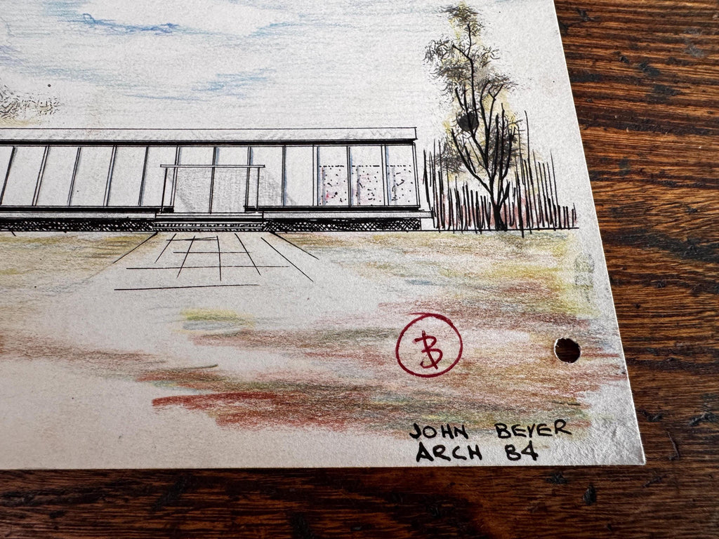 1950s Mid Century Modern Architectural Drawings – House Elevation & Site Plan – Original Student Art