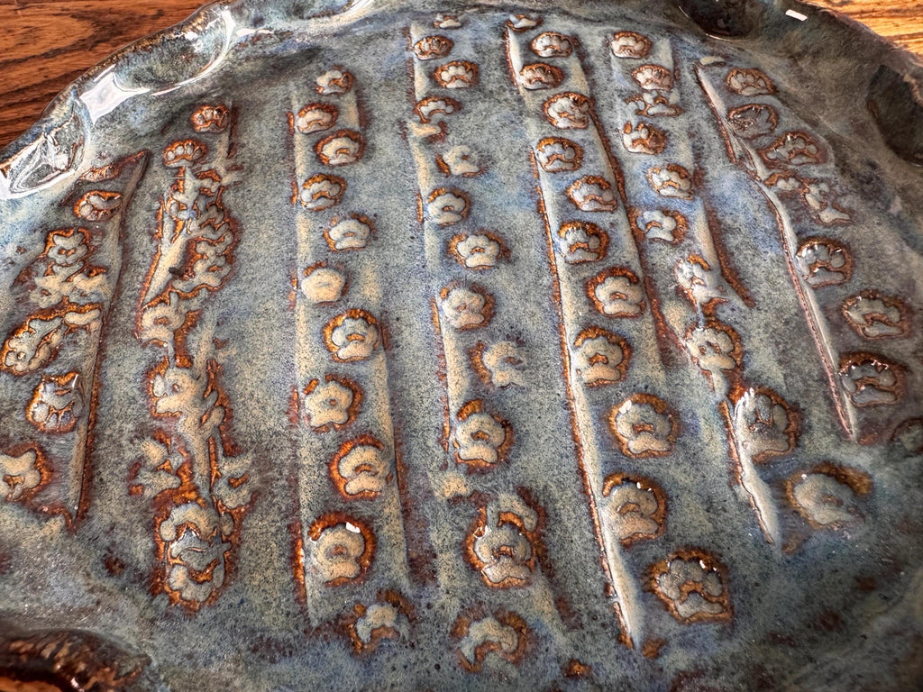 Handmade Ceramic Decorative Plate with Blue Glaze and Textured Pattern