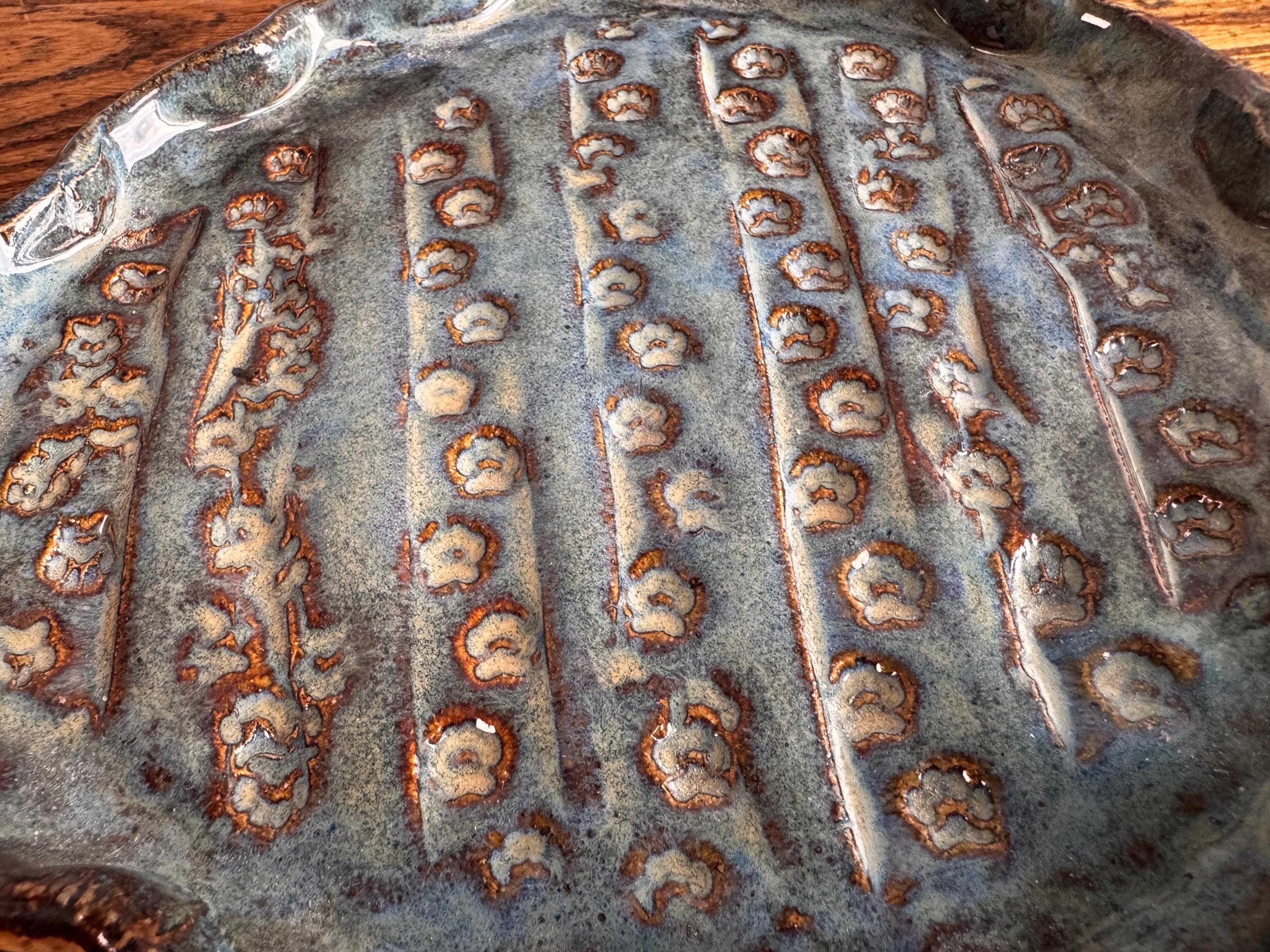 Handmade Ceramic Decorative Plate with Blue Glaze and Textured Pattern
