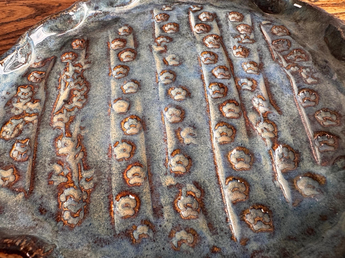 Handmade Ceramic Decorative Plate with Blue Glaze and Textured Pattern