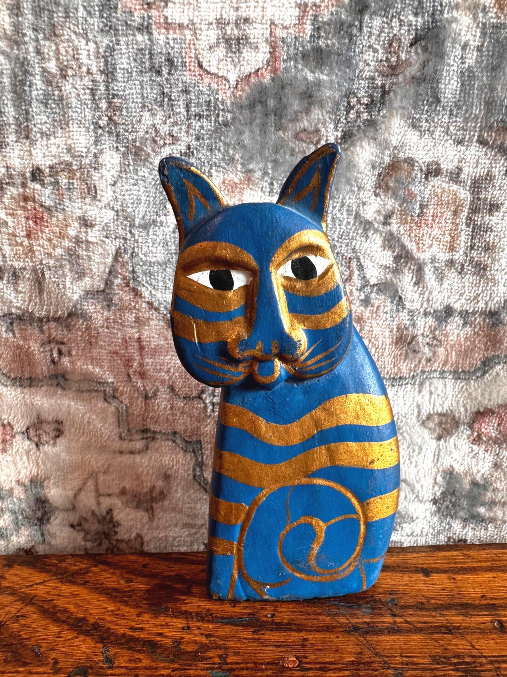 Hand-Painted Blue and Gold Cat Figurine