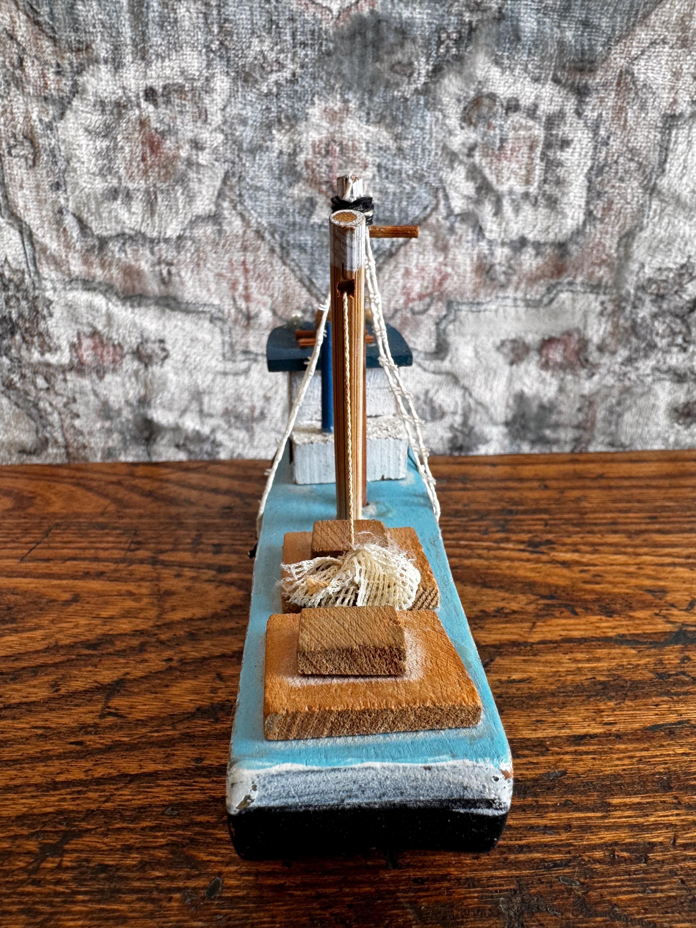 Handcrafted Wooden Model Fishing Boat - 7 Inch Nautical Decor