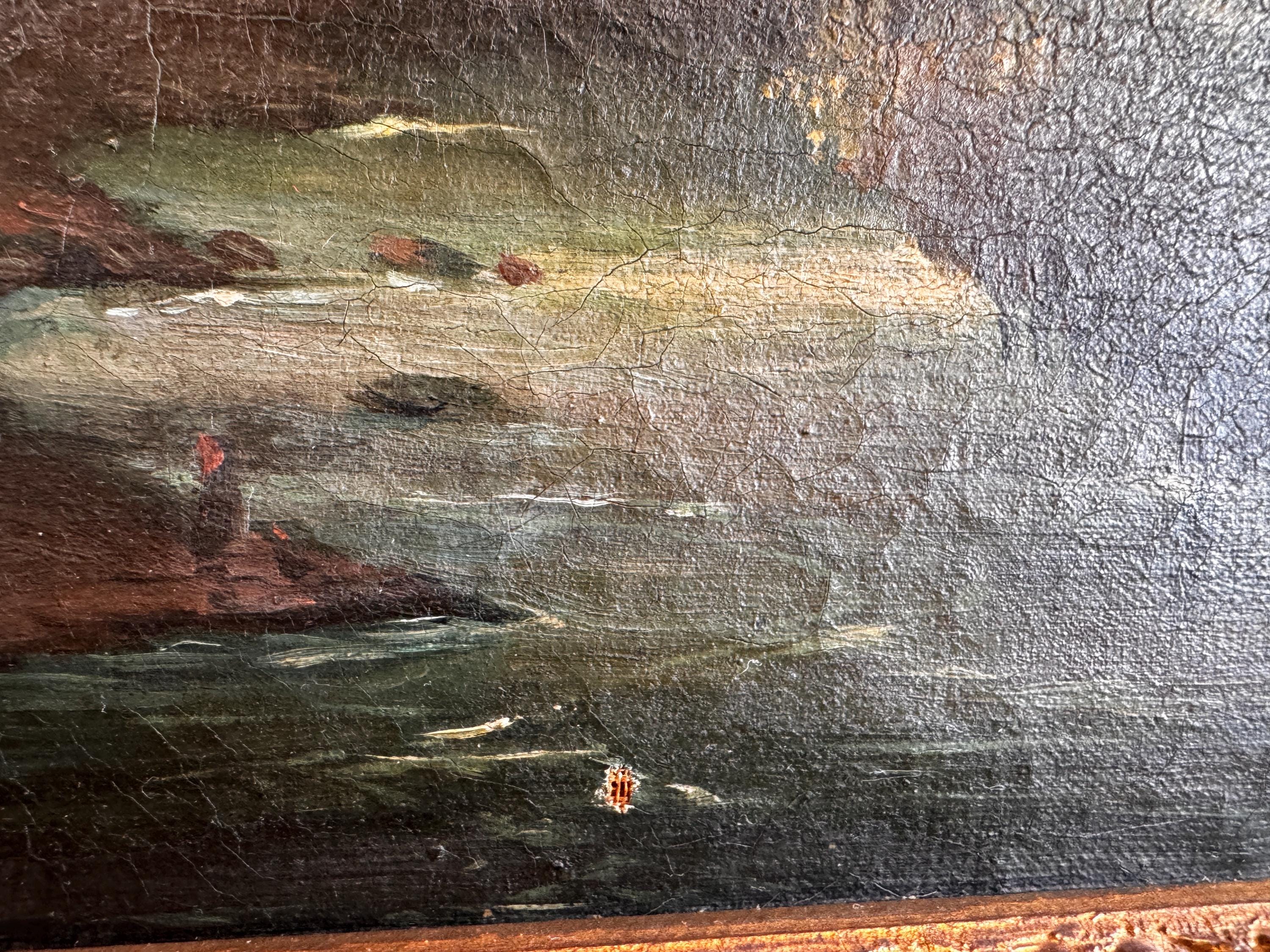 Framed Landscape Painting of a River and Trees at Sunset