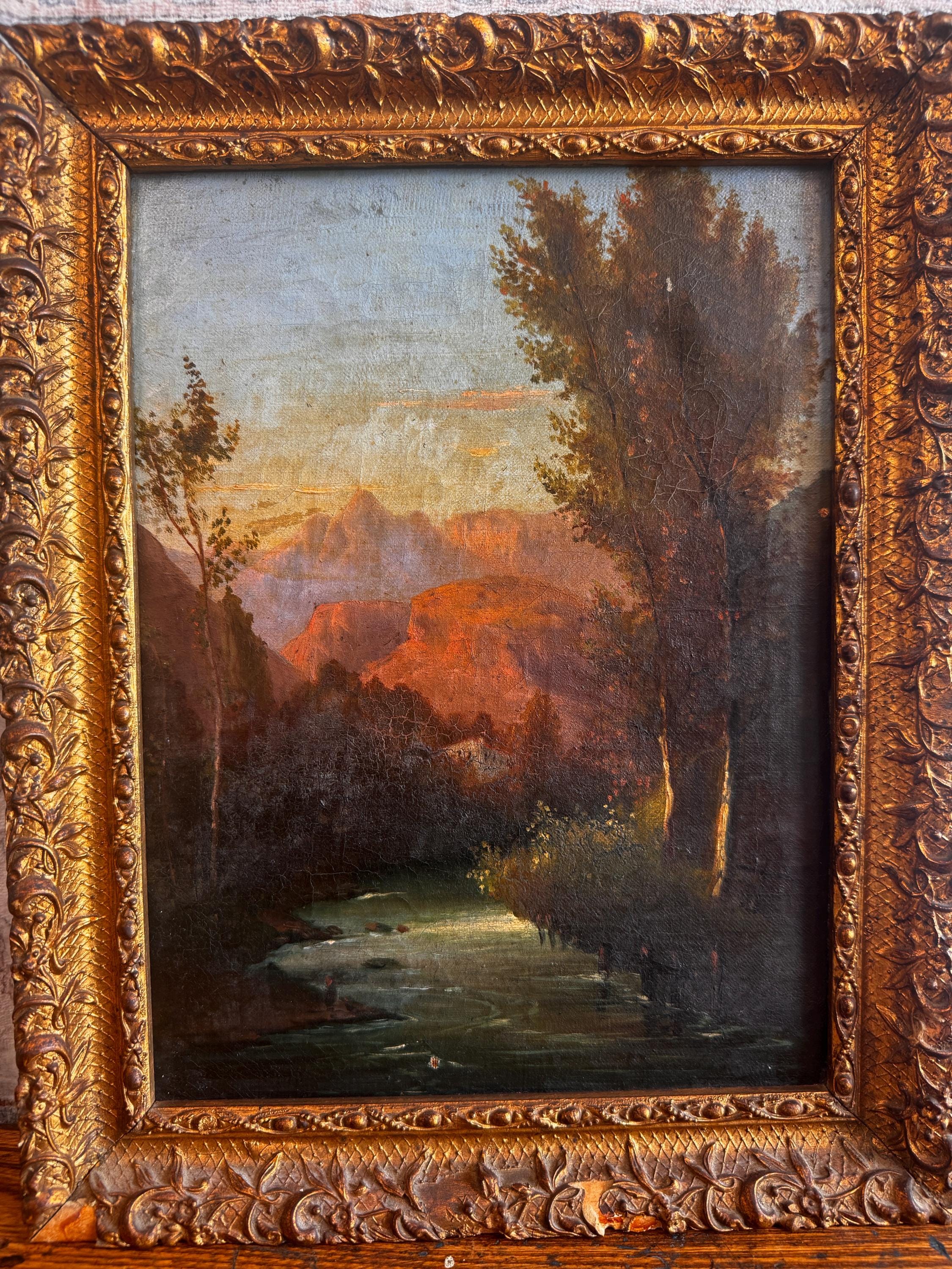 Framed Landscape Painting of a River and Trees at Sunset