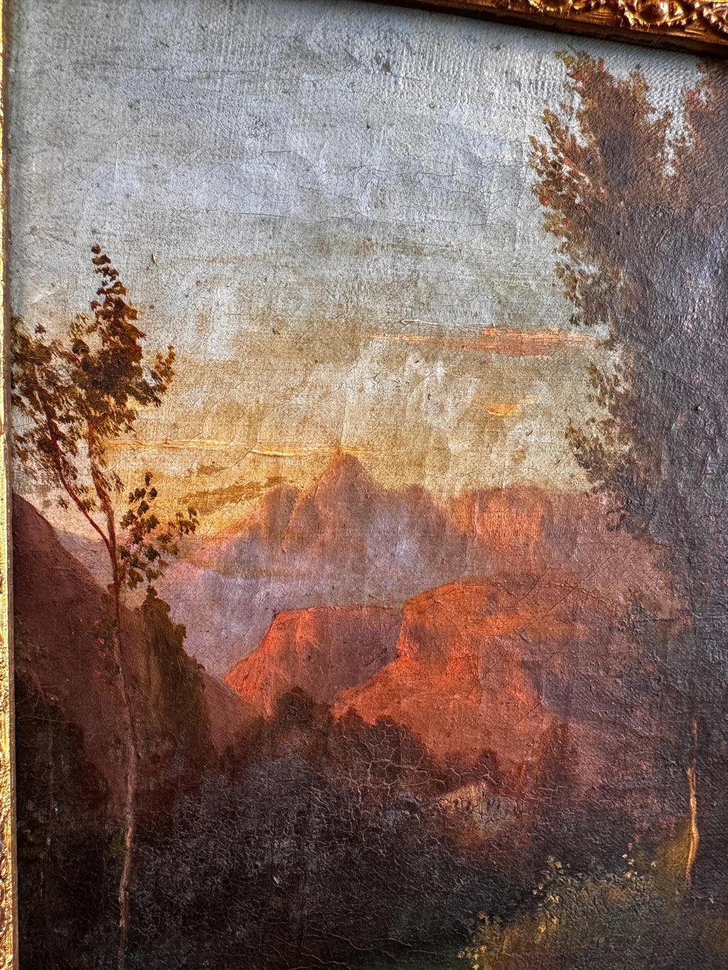 Framed Landscape Painting of a River and Trees at Sunset