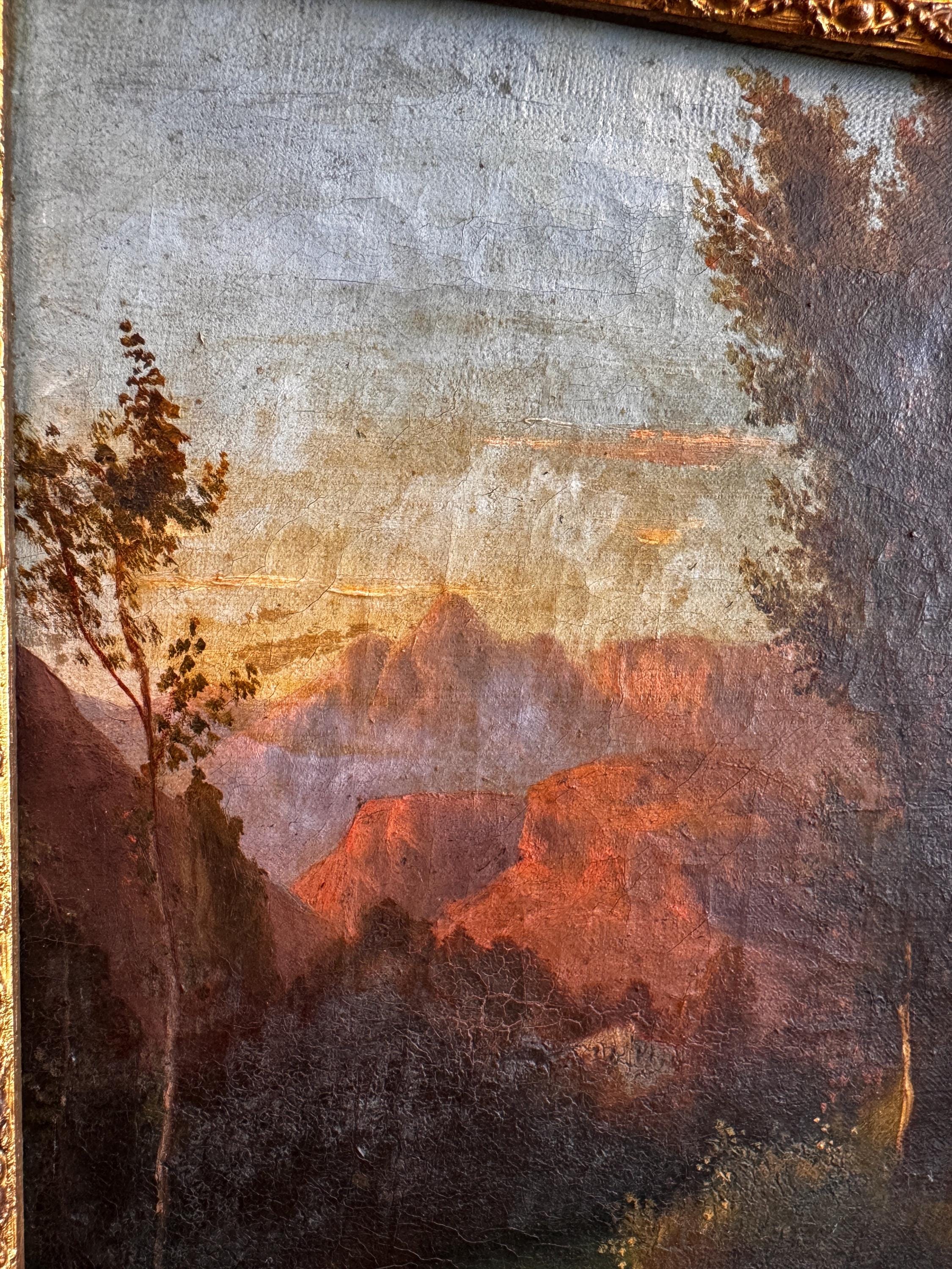 Framed Landscape Painting of a River and Trees at Sunset