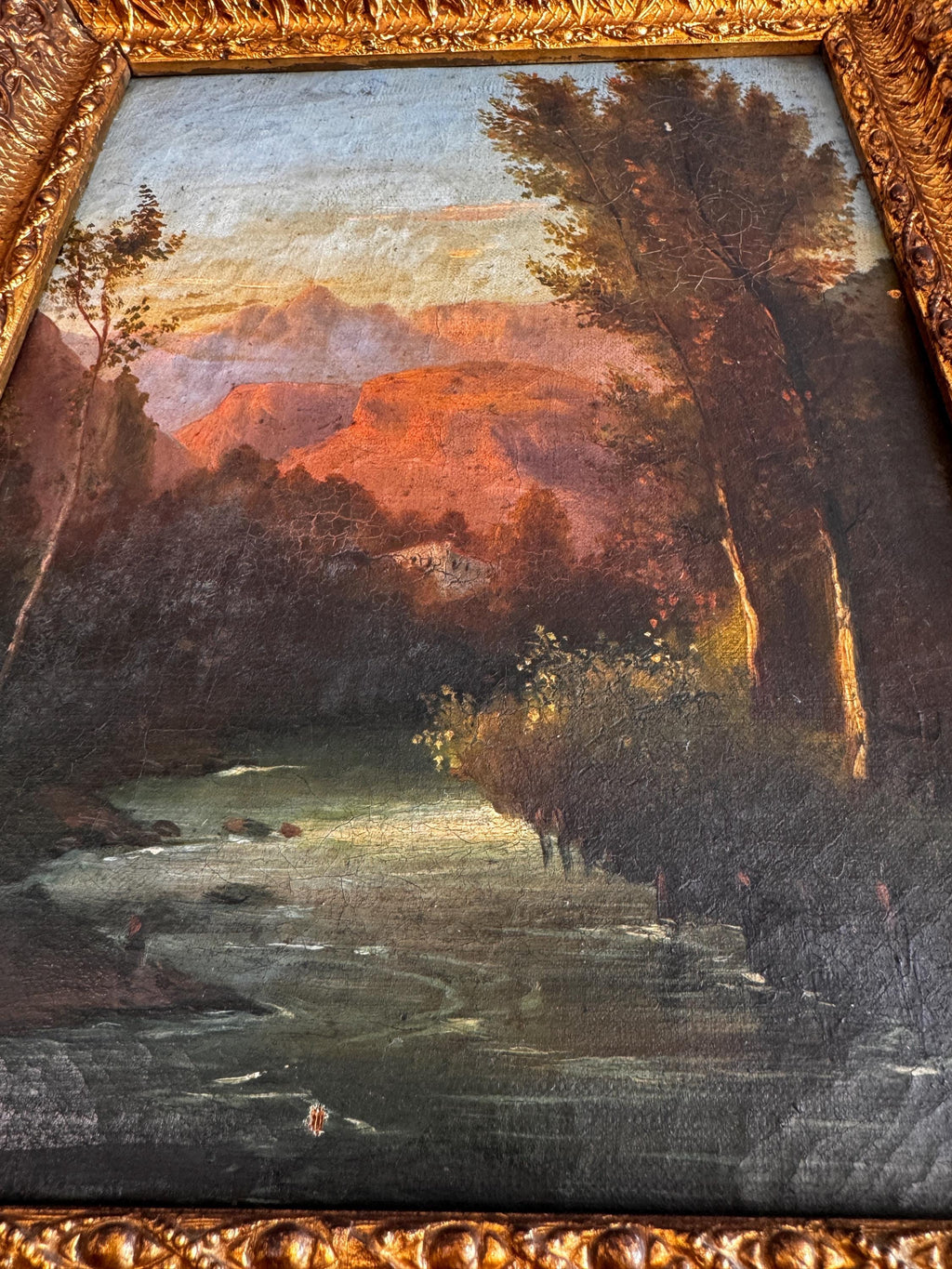 Framed Landscape Painting of a River and Trees at Sunset