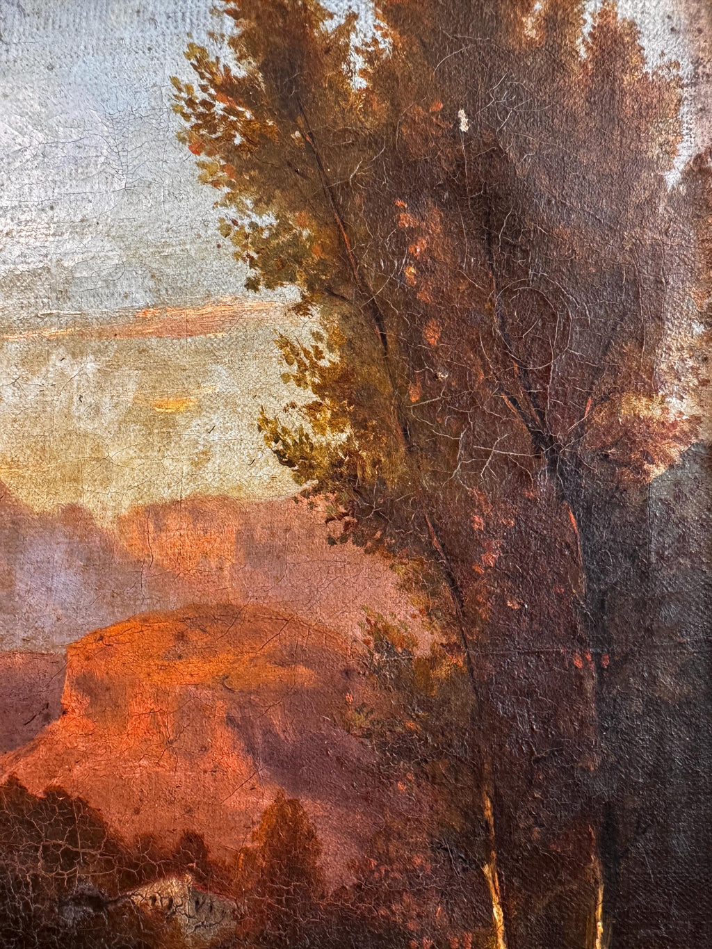 Framed Landscape Painting of a River and Trees at Sunset