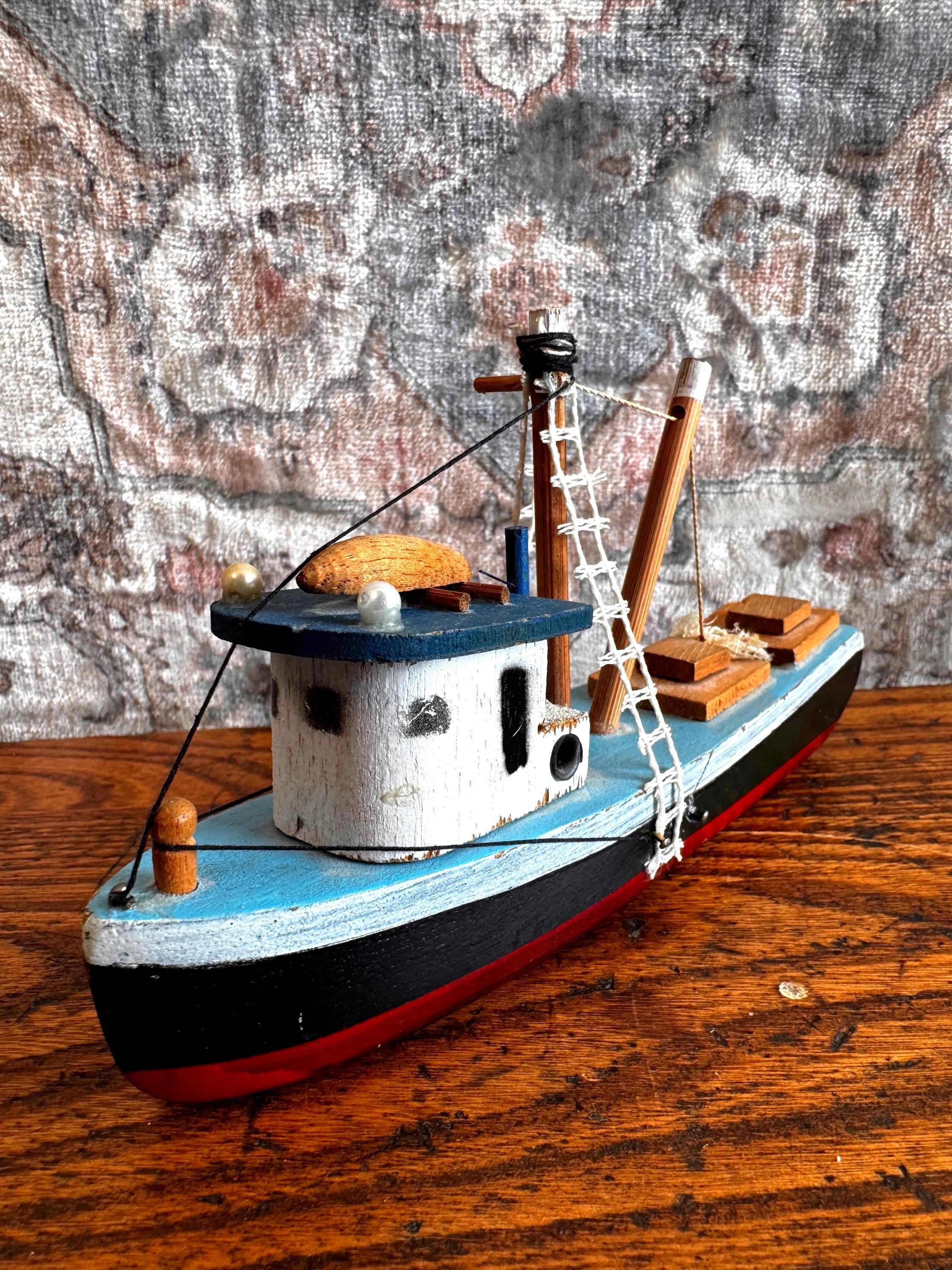 Handcrafted Wooden Model Fishing Boat - 7 Inch Nautical Decor