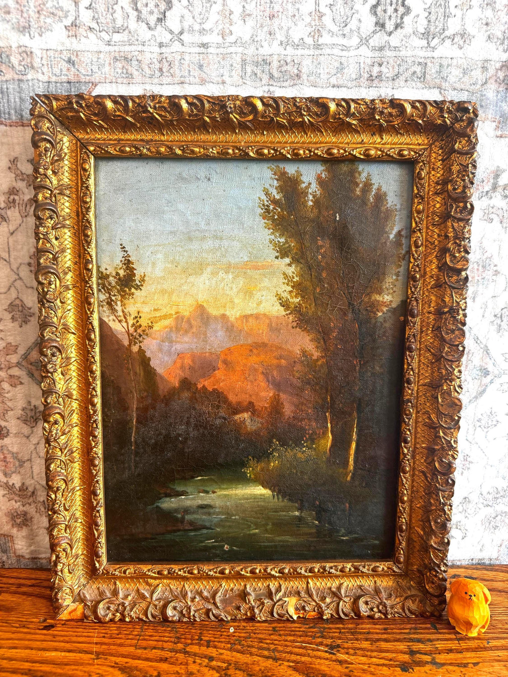 Framed Landscape Painting of a River and Trees at Sunset