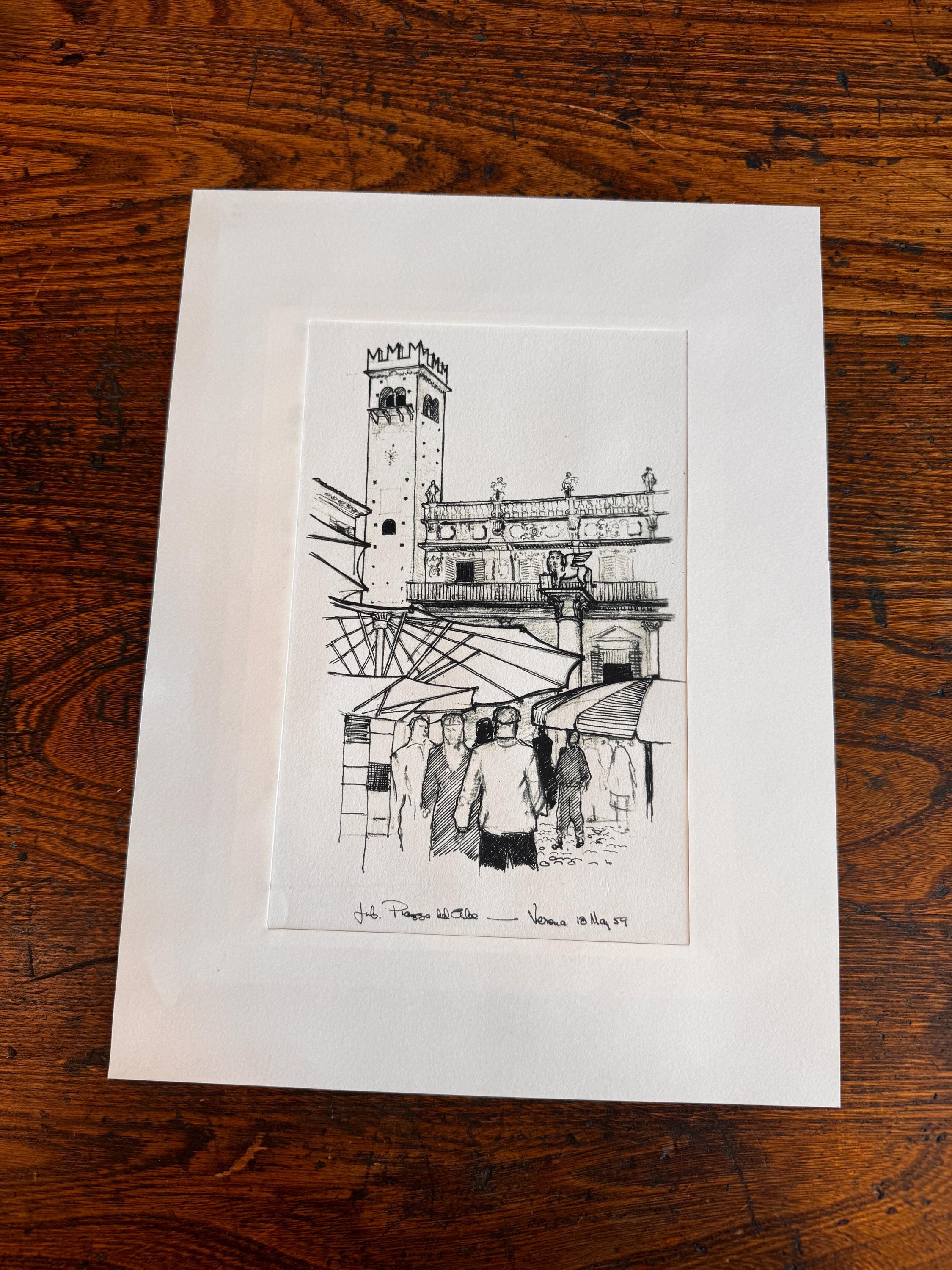 Piazza del Cibo, Verona | 1959 Pen and Ink Drawing