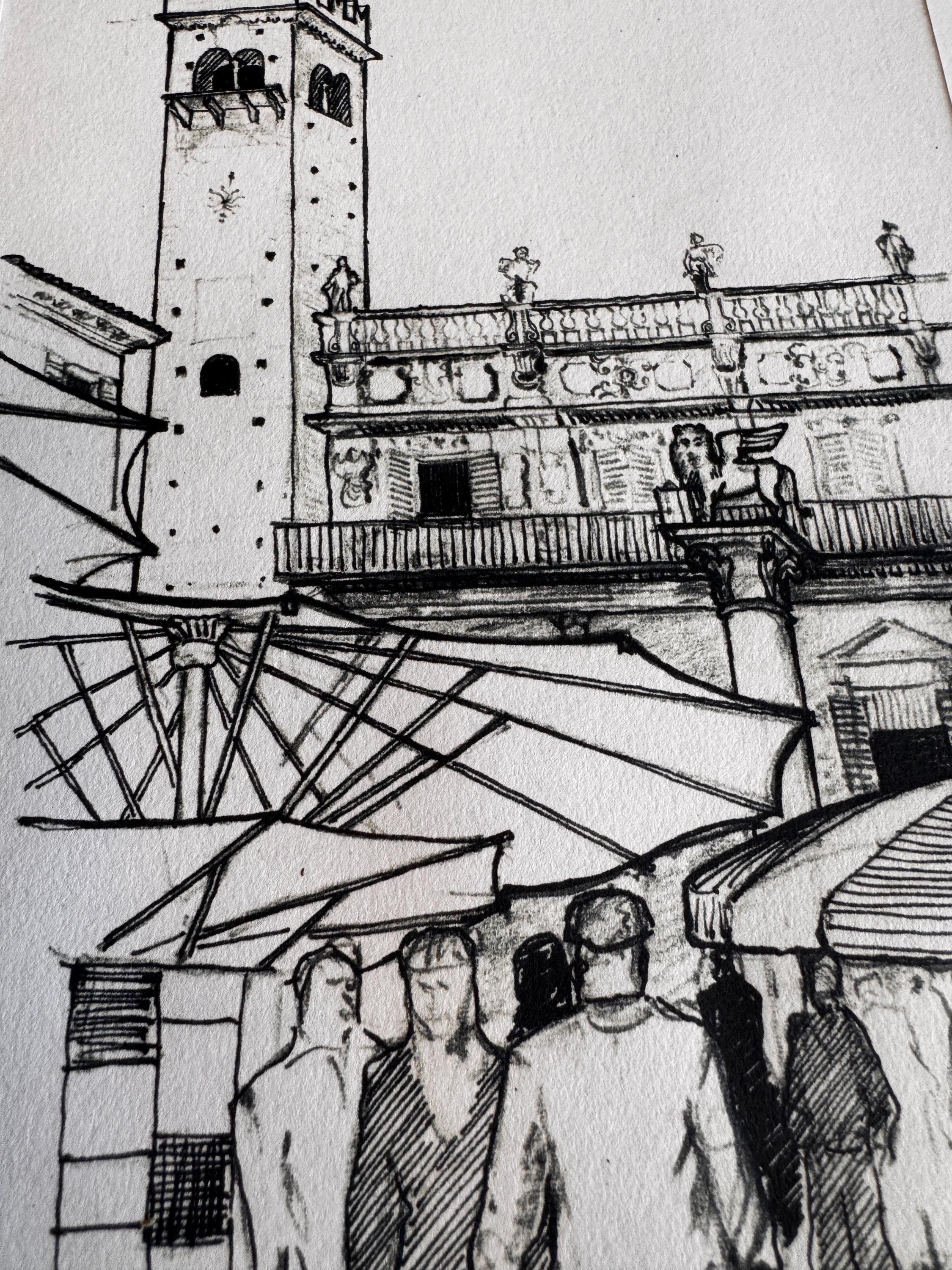 Piazza del Cibo, Verona | 1959 Pen and Ink Drawing