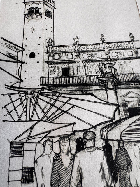 Piazza del Cibo, Verona | 1959 Pen and Ink Drawing