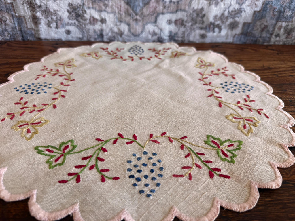 Hand-Embroidered Round Linen Doily with Floral Motifs