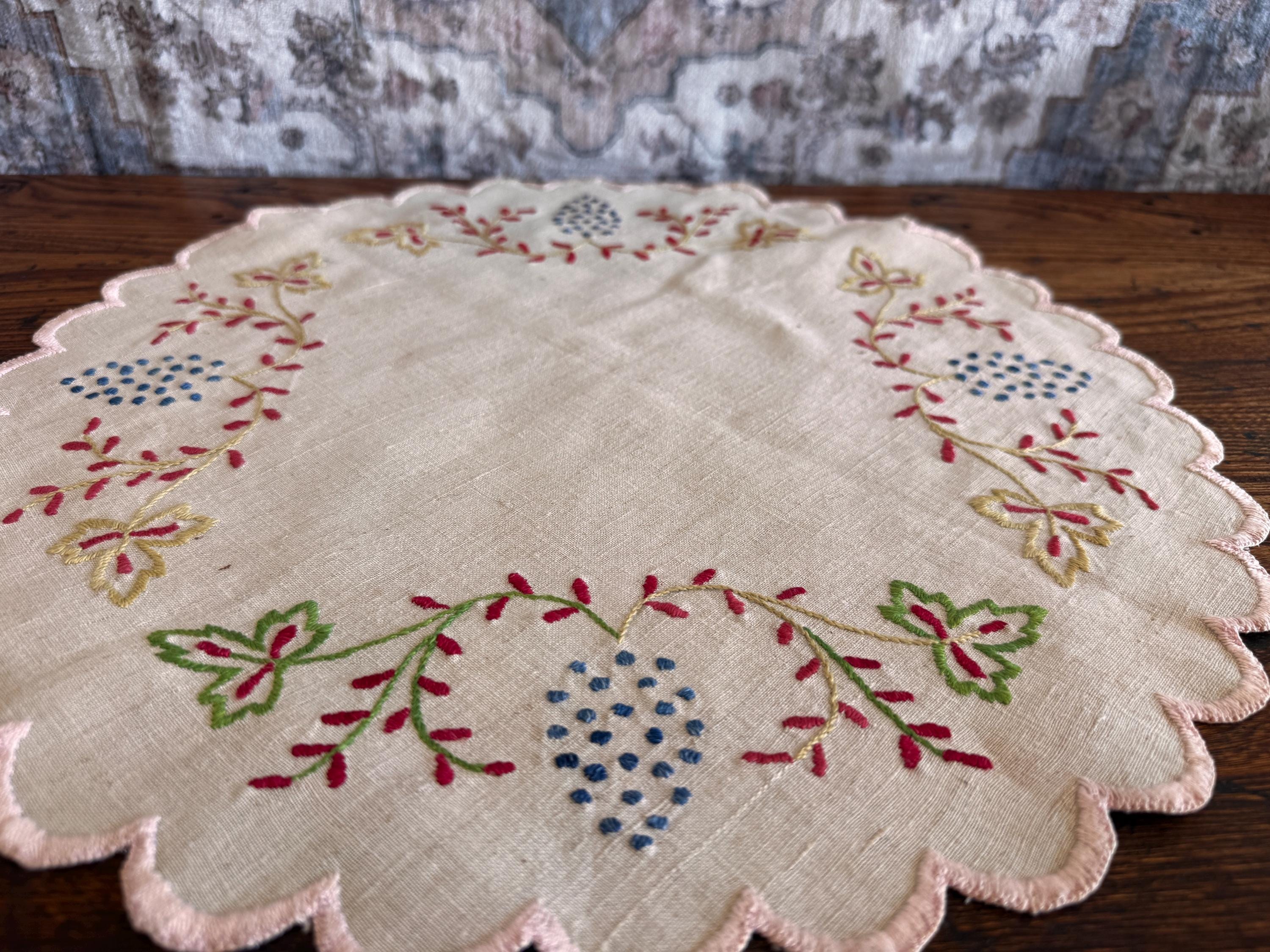 Hand-Embroidered Round Linen Doily with Floral Motifs