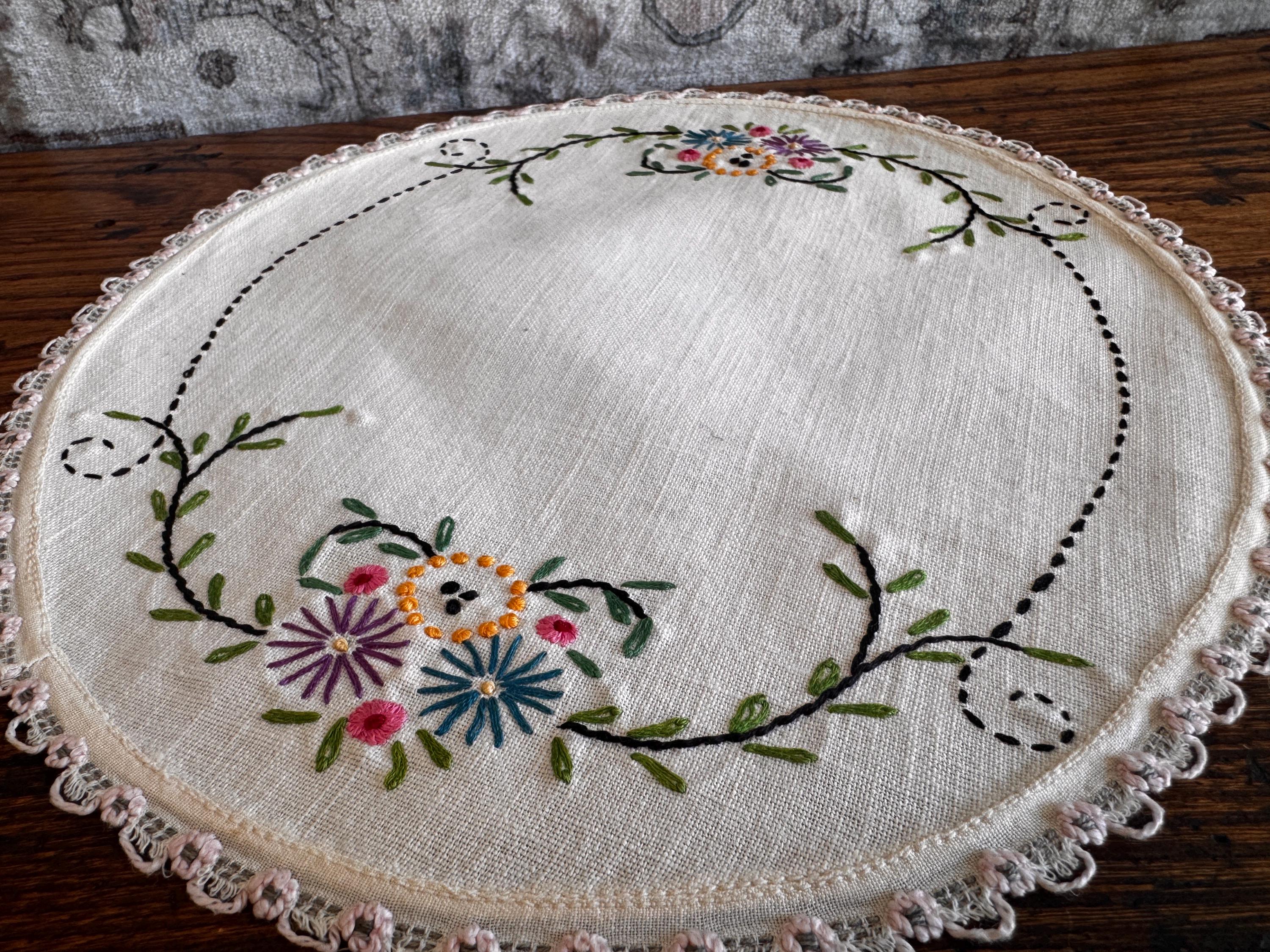 Set of 3 Hand-Embroidered Linen Doilies with Floral and Butterfly Motifs