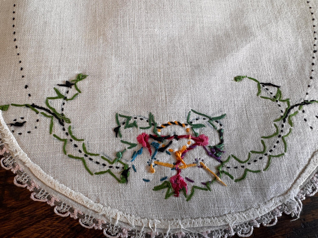 Set of 3 Hand-Embroidered Linen Doilies with Floral and Butterfly Motifs