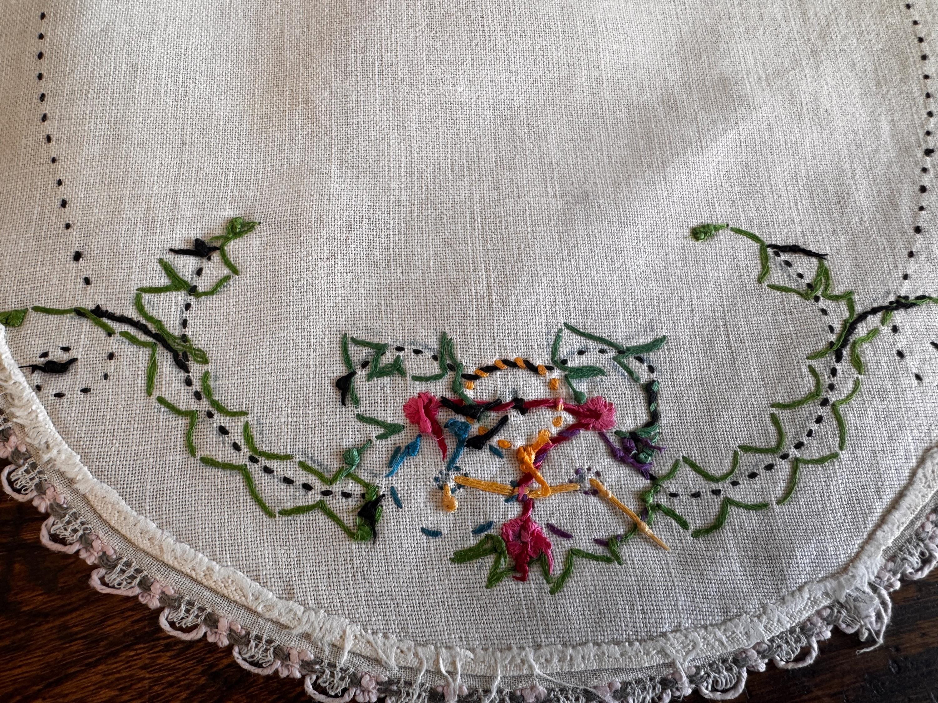 Set of 3 Hand-Embroidered Linen Doilies with Floral and Butterfly Motifs
