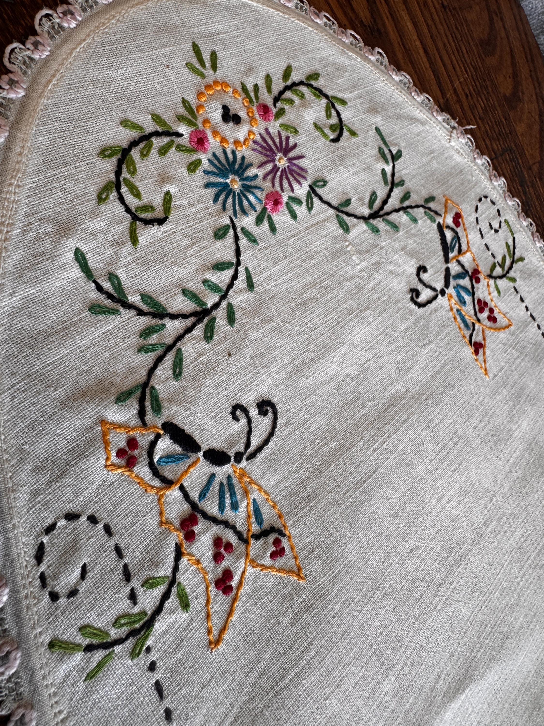 Set of 3 Hand-Embroidered Linen Doilies with Floral and Butterfly Motifs