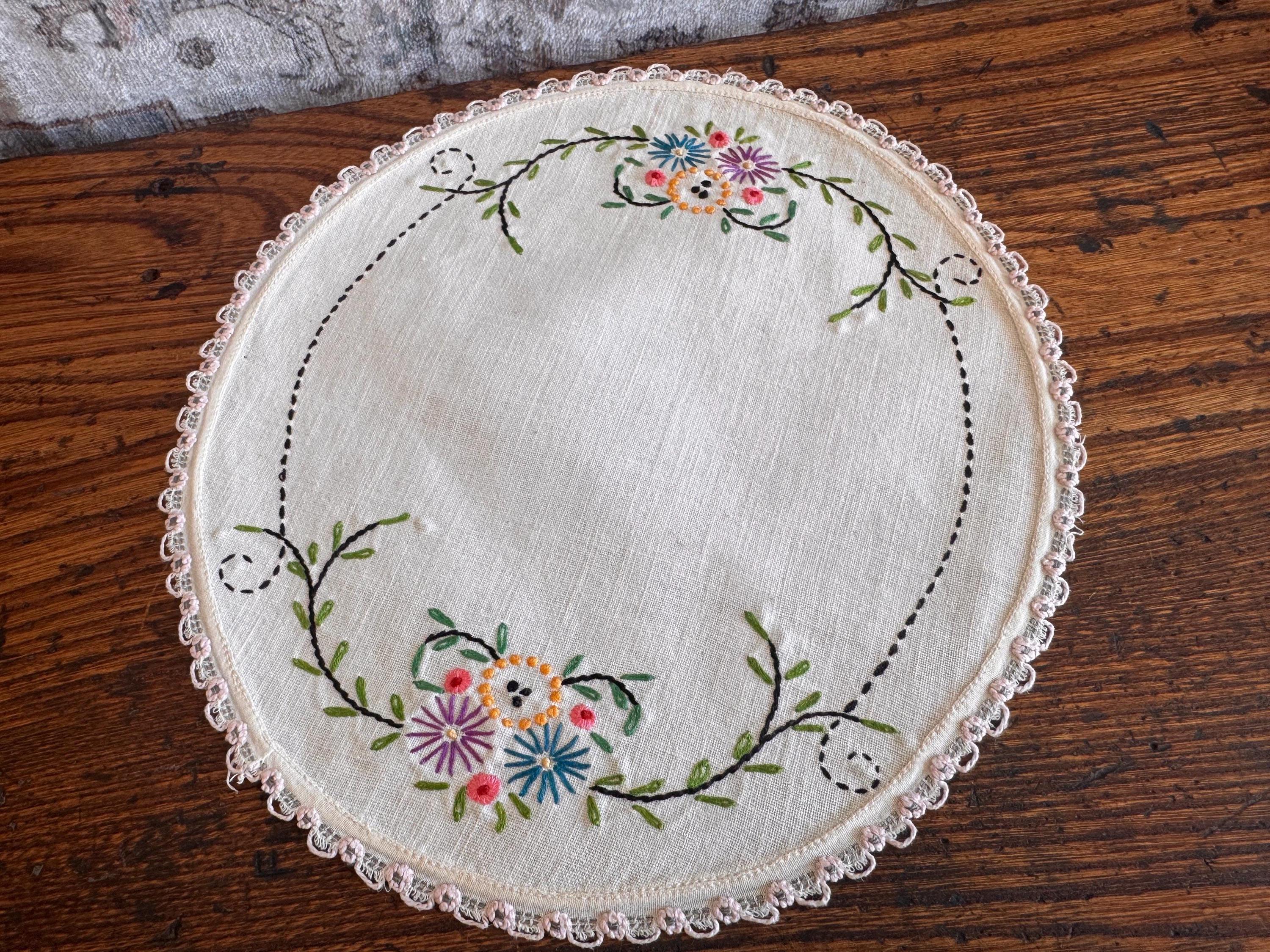 Set of 3 Hand-Embroidered Linen Doilies with Floral and Butterfly Motifs