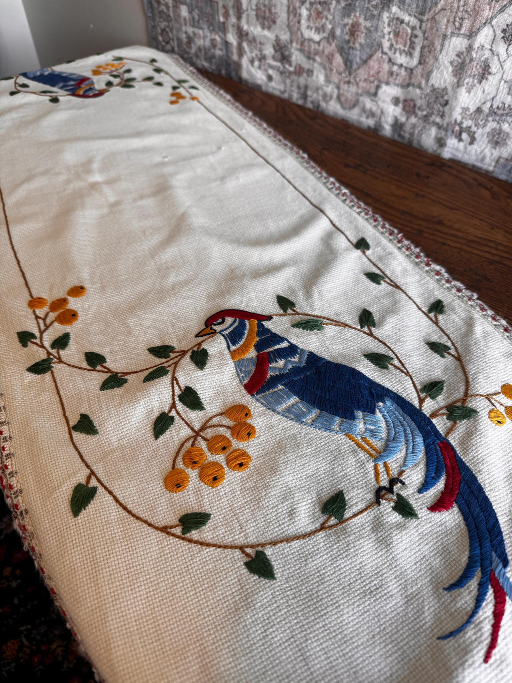 Hand Embroidered Table Runner with Birds and Berries