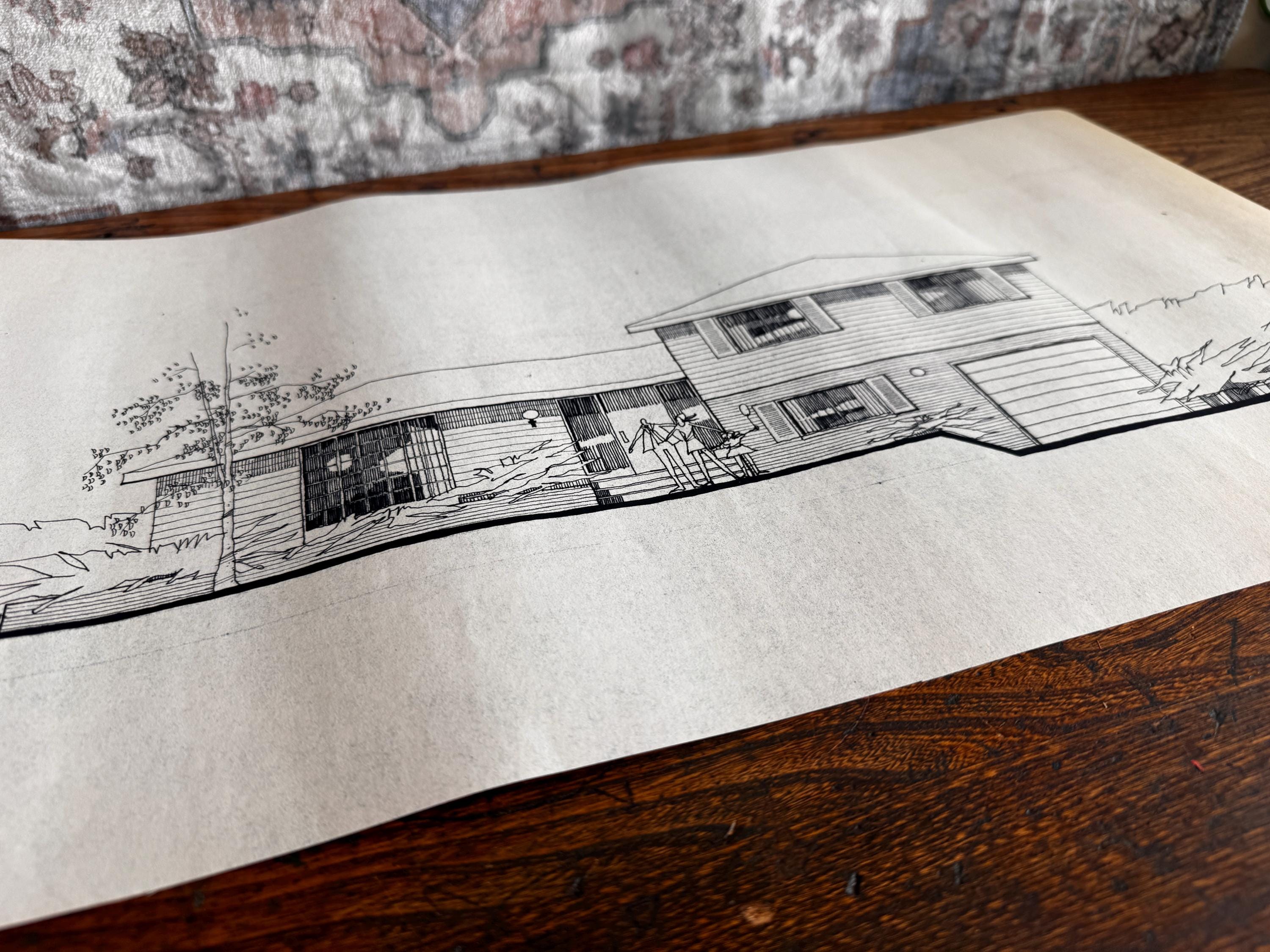 Mid Century Architectural Drawing - Stone Wing Elevation - Original Hand Drawn House Rendering