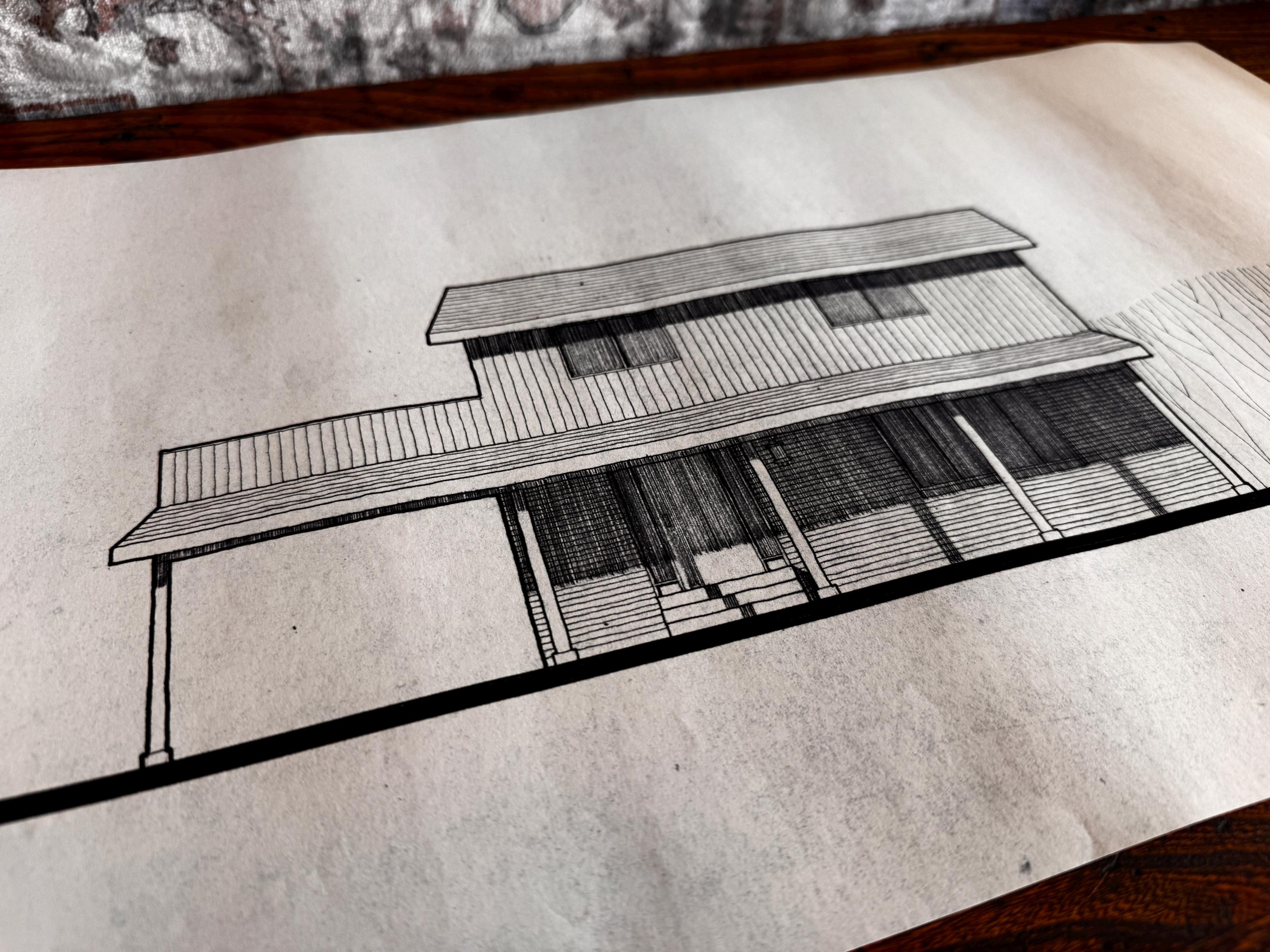 Mid Century Architectural Drawing - Front Porch Elevation - Original Hand Drawn House Rendering
