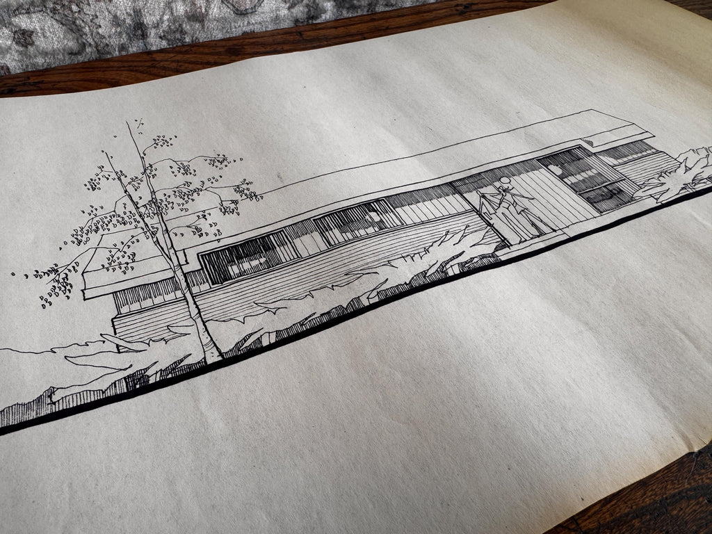 Mid Century Architectural Drawing - Tree Line Elevation - Original Hand Drawn House Rendering