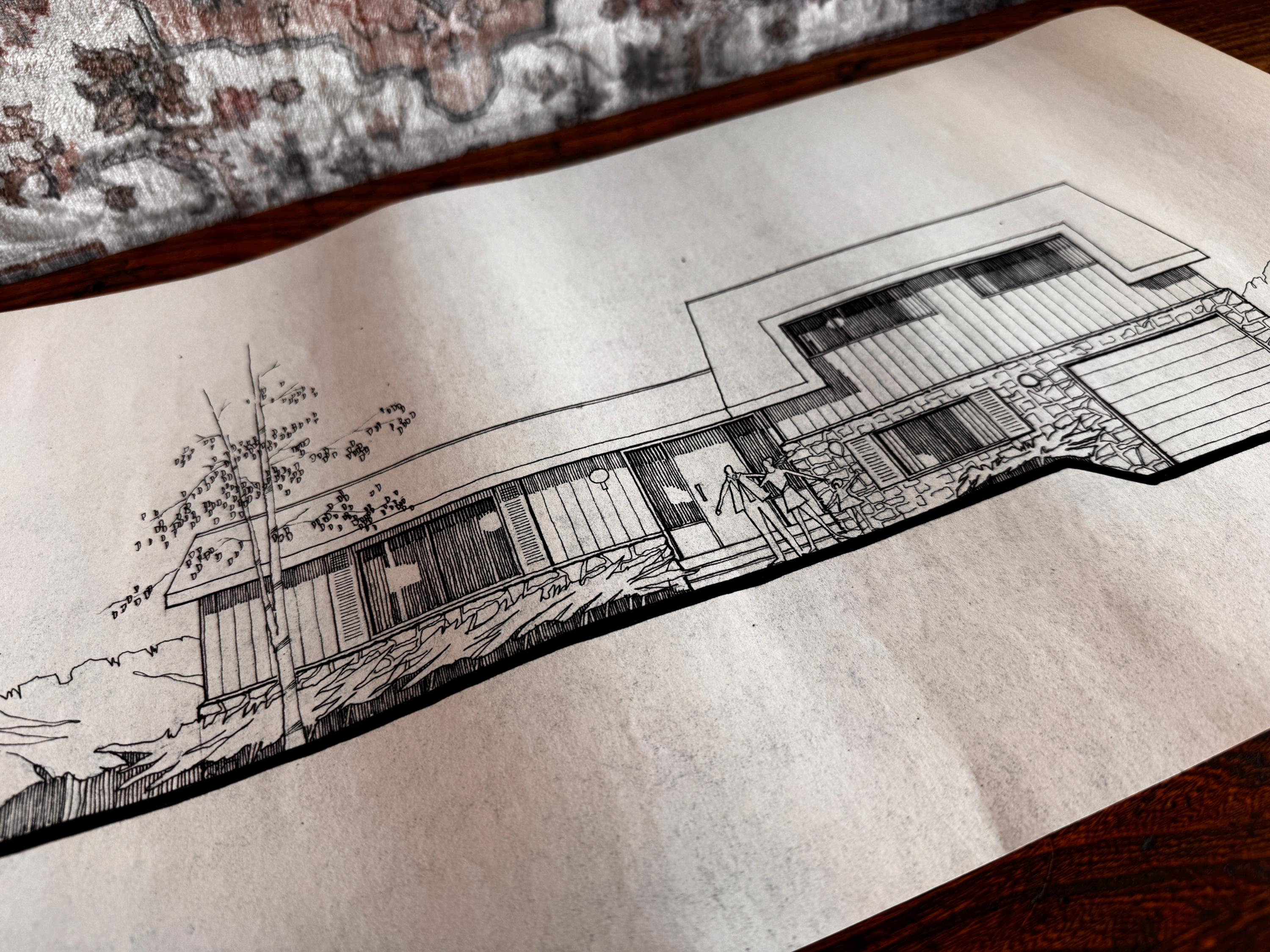 Mid Century Architectural Drawing - Stone Entry Elevation - Original Hand Drawn House Rendering