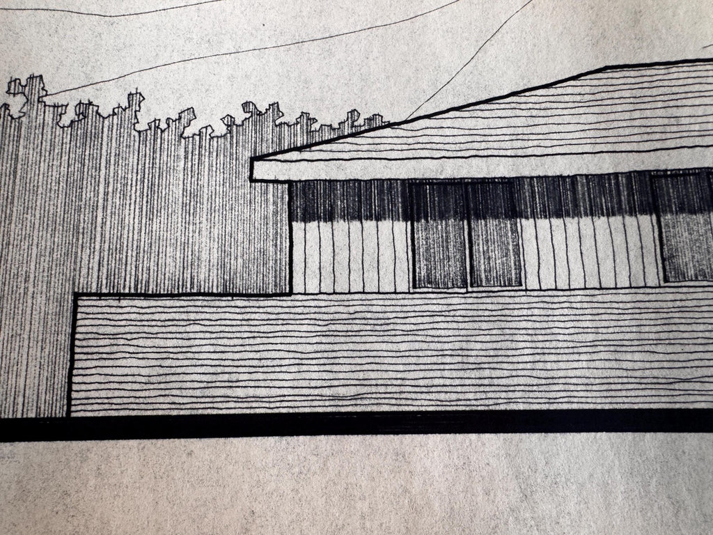 Mid Century Architectural Drawing - Mountain & Tree Elevation - Original Hand Drawn House Rendering
