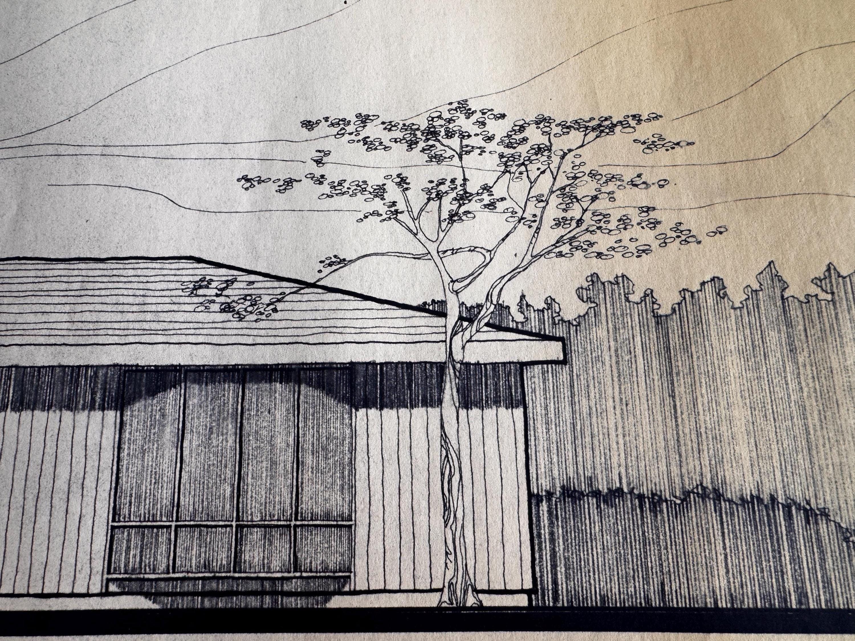 Mid Century Architectural Drawing - Mountain & Tree Elevation - Original Hand Drawn House Rendering