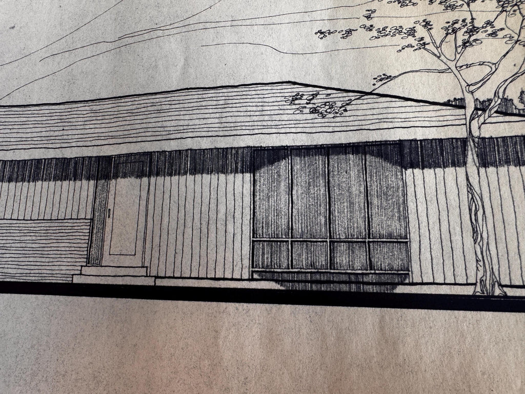 Mid Century Architectural Drawing - Mountain & Tree Elevation - Original Hand Drawn House Rendering