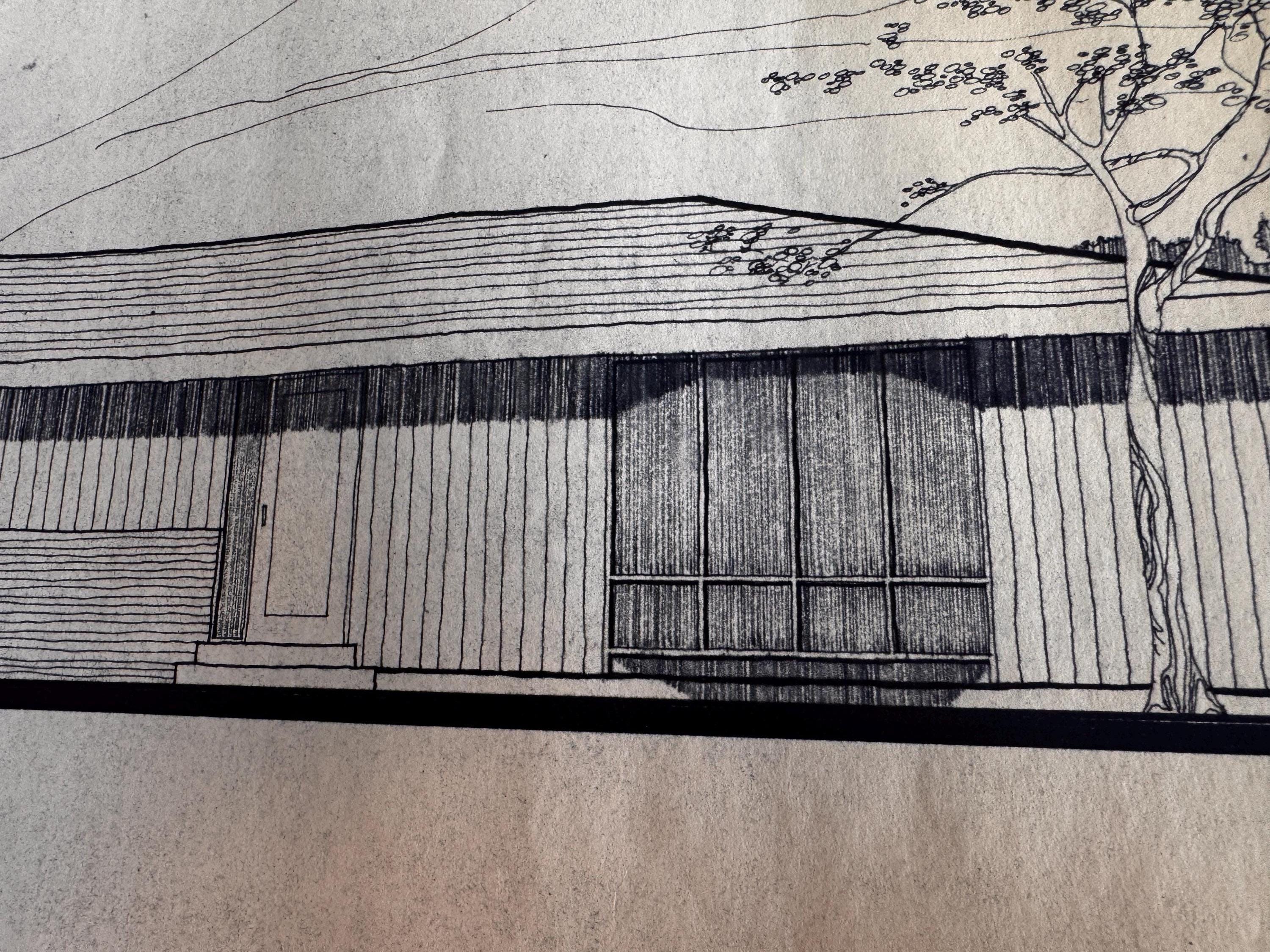 Mid Century Architectural Drawing - Mountain & Tree Elevation - Original Hand Drawn House Rendering