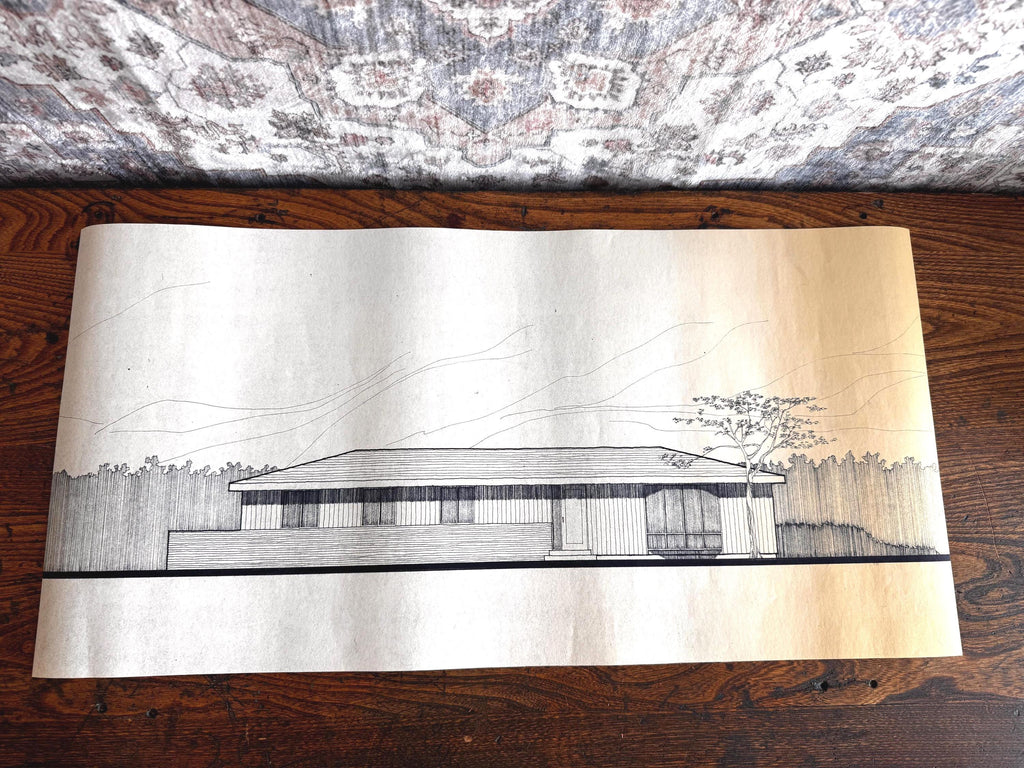 Mid Century Architectural Drawing - Mountain & Tree Elevation - Original Hand Drawn House Rendering