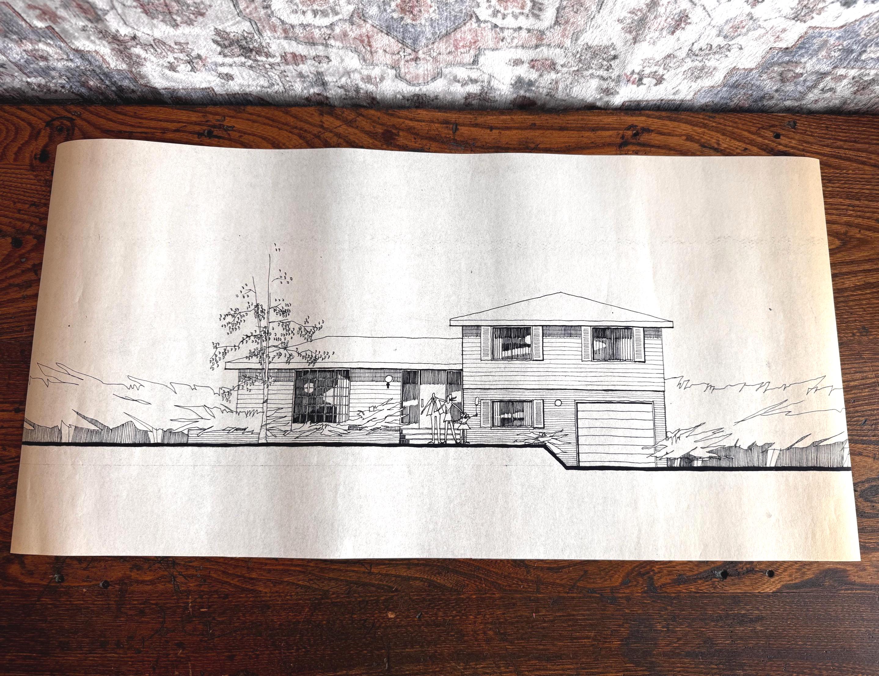 Mid Century Architectural Drawing - Stone Wing Elevation - Original Hand Drawn House Rendering