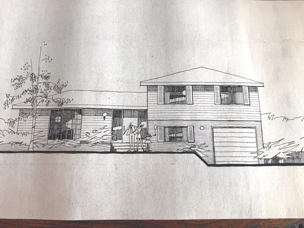 Mid Century Architectural Drawing - Stone Wing Elevation - Original Hand Drawn House Rendering