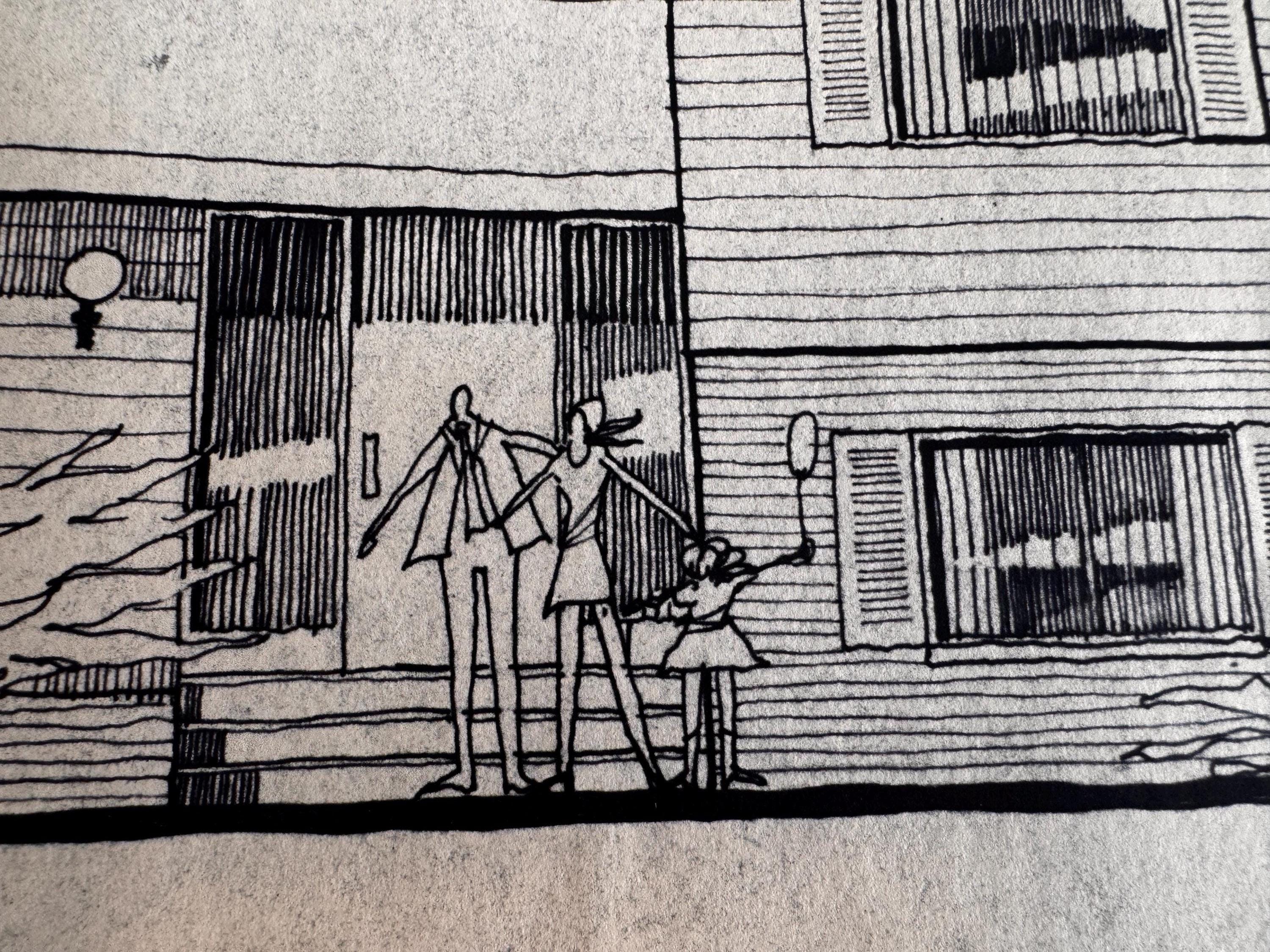 Mid Century Architectural Drawing - Stone Wing Elevation - Original Hand Drawn House Rendering
