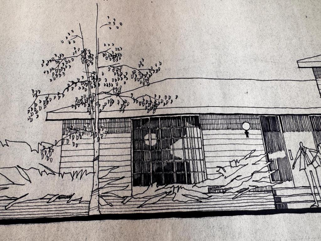 Mid Century Architectural Drawing - Stone Wing Elevation - Original Hand Drawn House Rendering