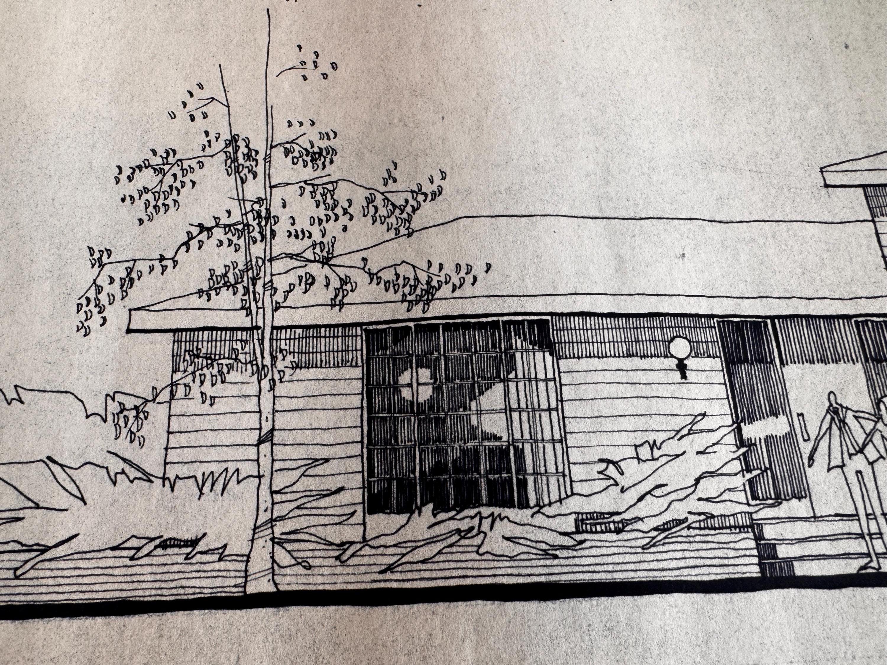 Mid Century Architectural Drawing - Stone Wing Elevation - Original Hand Drawn House Rendering