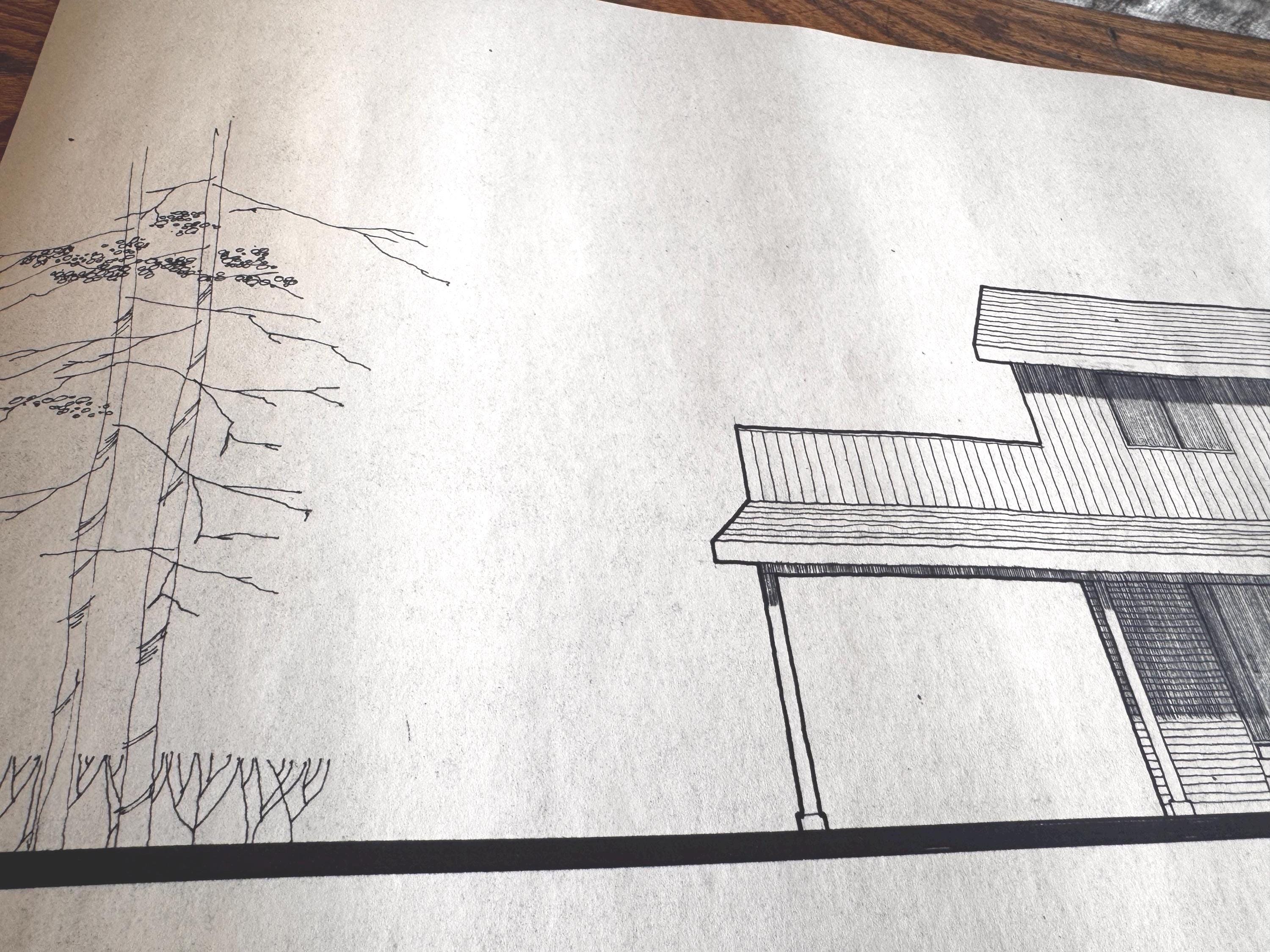 Mid Century Architectural Drawing - Front Porch Elevation - Original Hand Drawn House Rendering