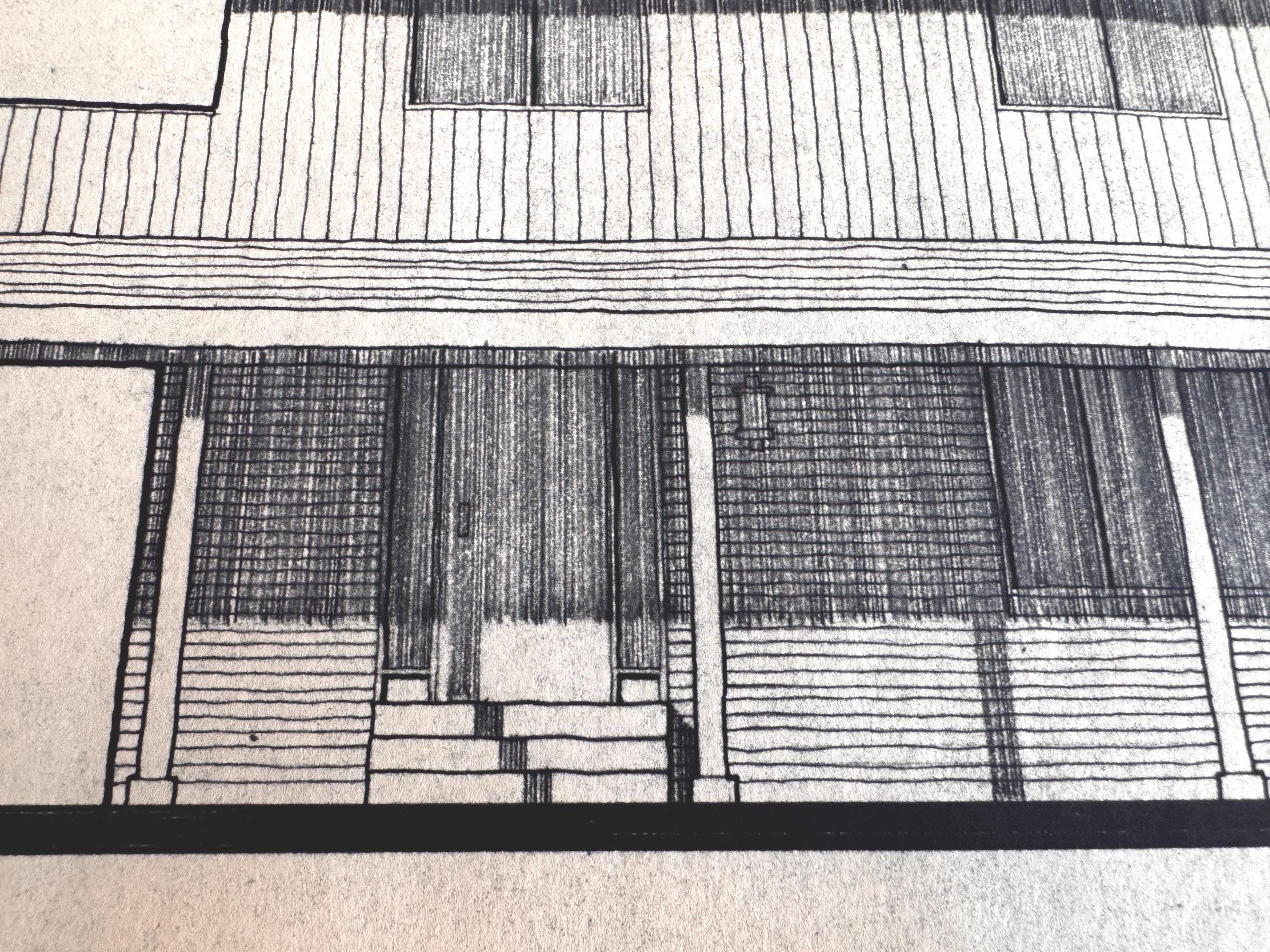 Mid Century Architectural Drawing - Front Porch Elevation - Original Hand Drawn House Rendering