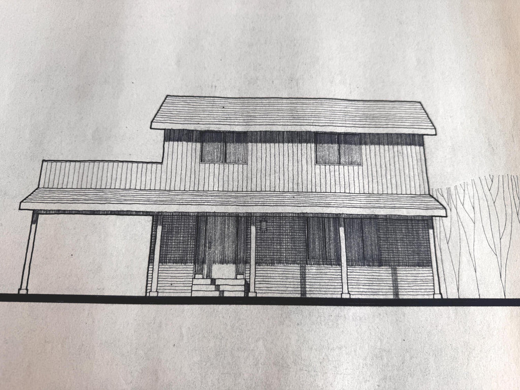 Mid Century Architectural Drawing - Front Porch Elevation - Original Hand Drawn House Rendering