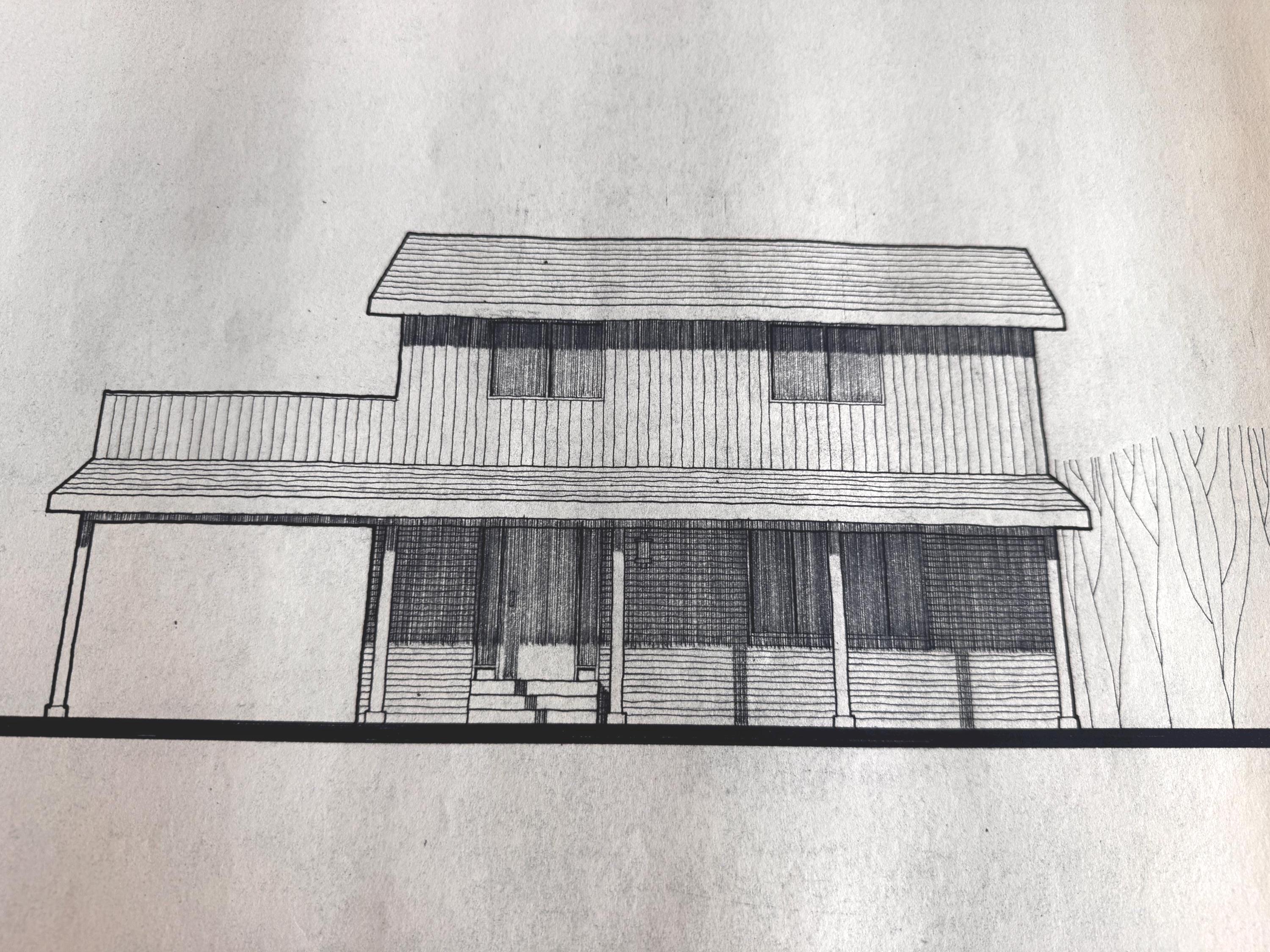 Mid Century Architectural Drawing - Front Porch Elevation - Original Hand Drawn House Rendering