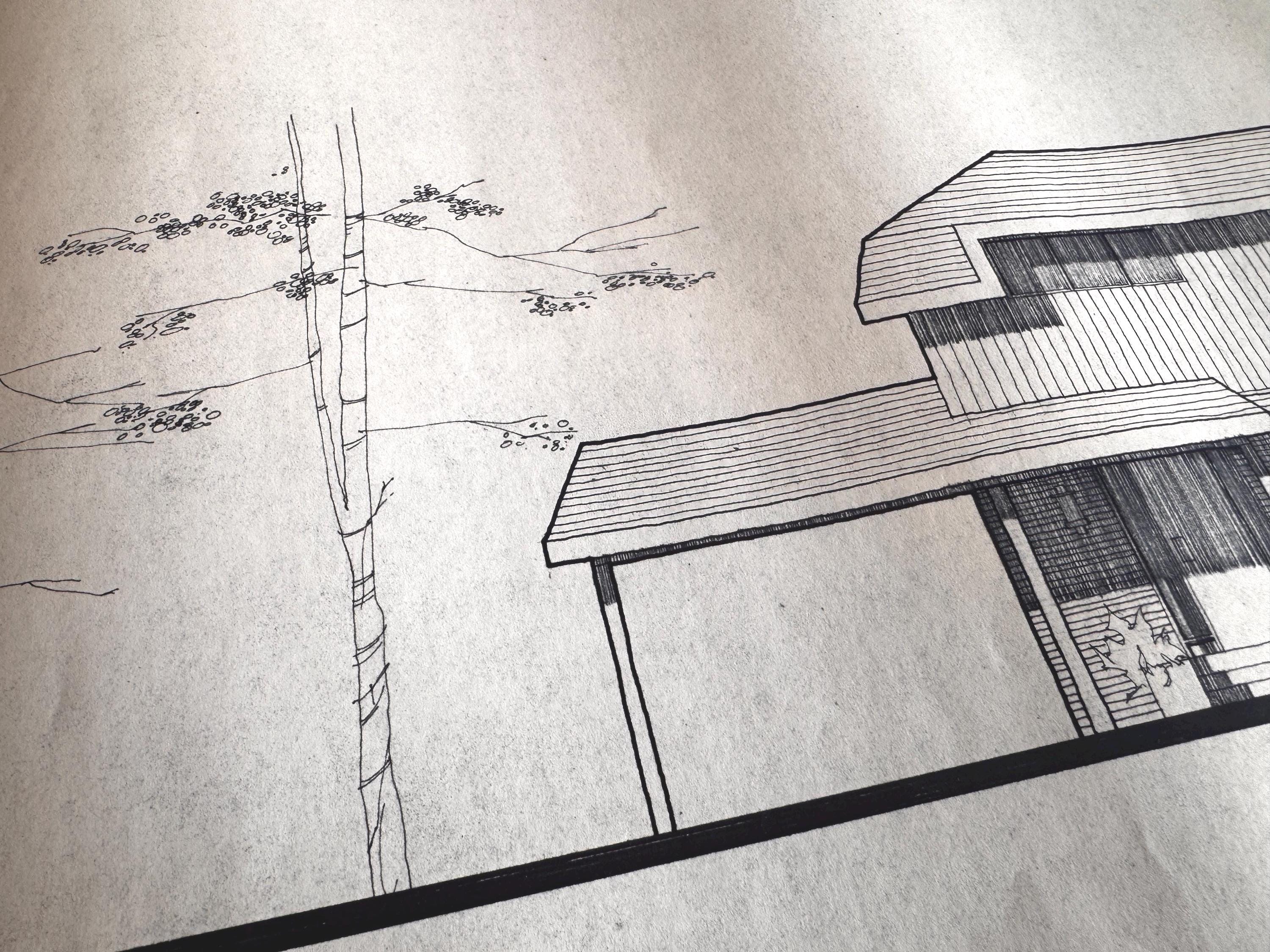 Mid Century Architectural Drawing - Hipped Roof Elevation - Original Hand Drawn House Rendering