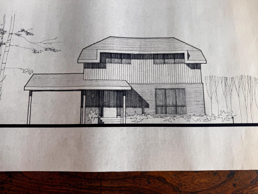Mid Century Architectural Drawing - Hipped Roof Elevation - Original Hand Drawn House Rendering