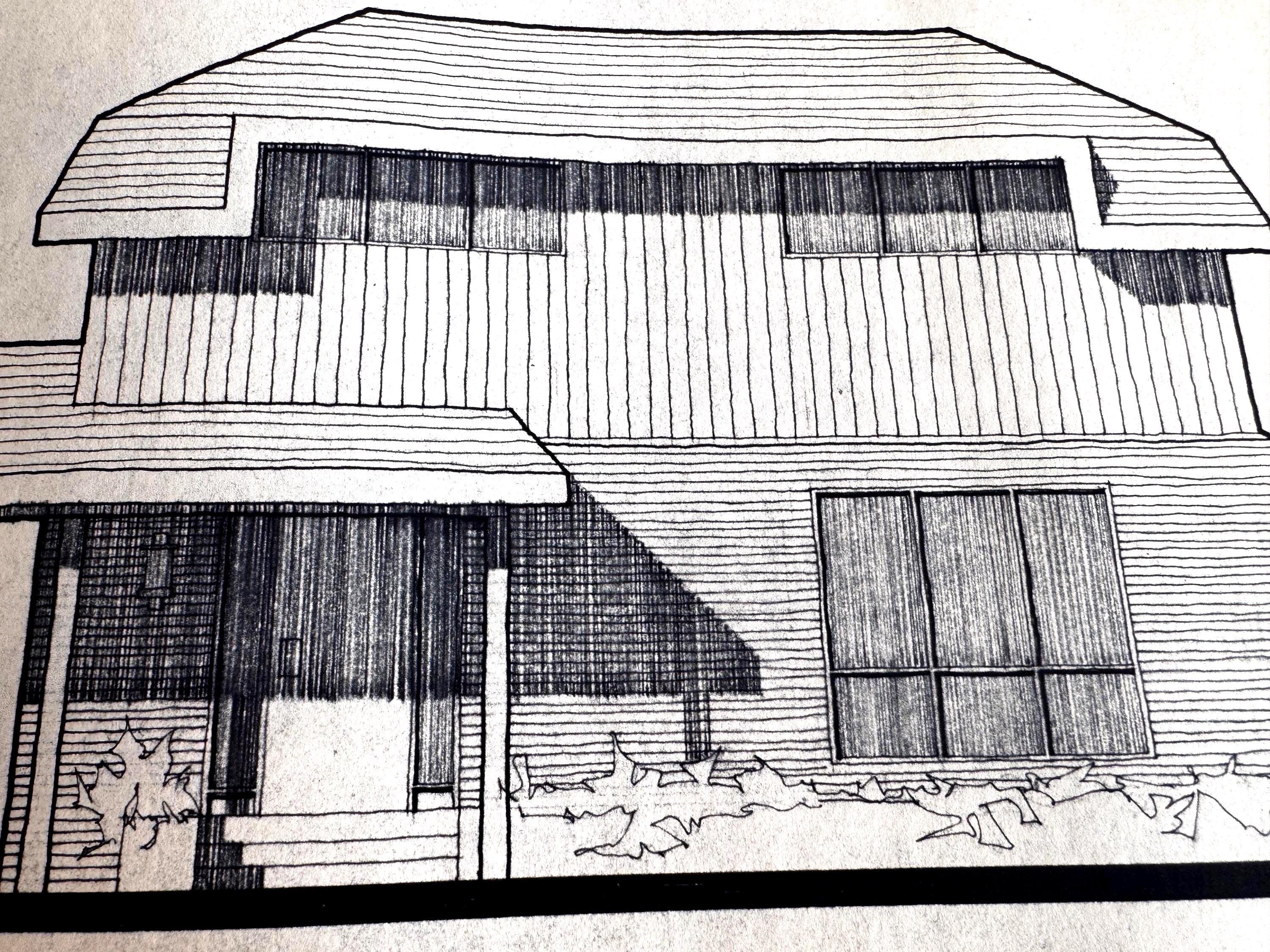 Mid Century Architectural Drawing - Hipped Roof Elevation - Original Hand Drawn House Rendering