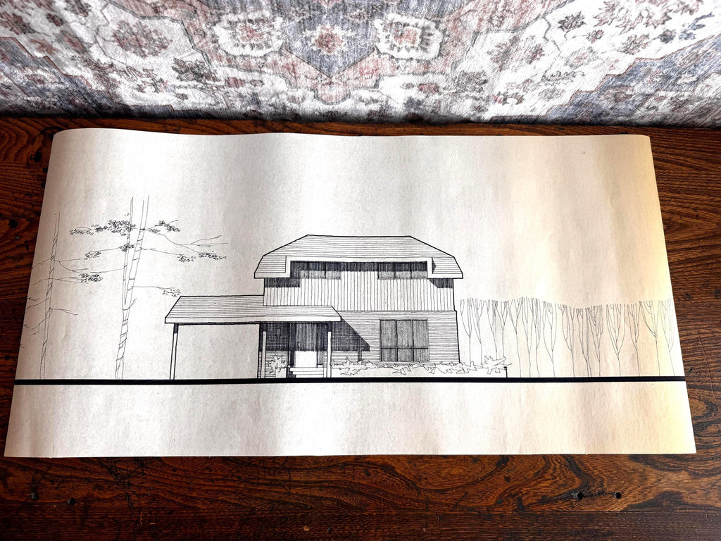 Mid Century Architectural Drawing - Hipped Roof Elevation - Original Hand Drawn House Rendering